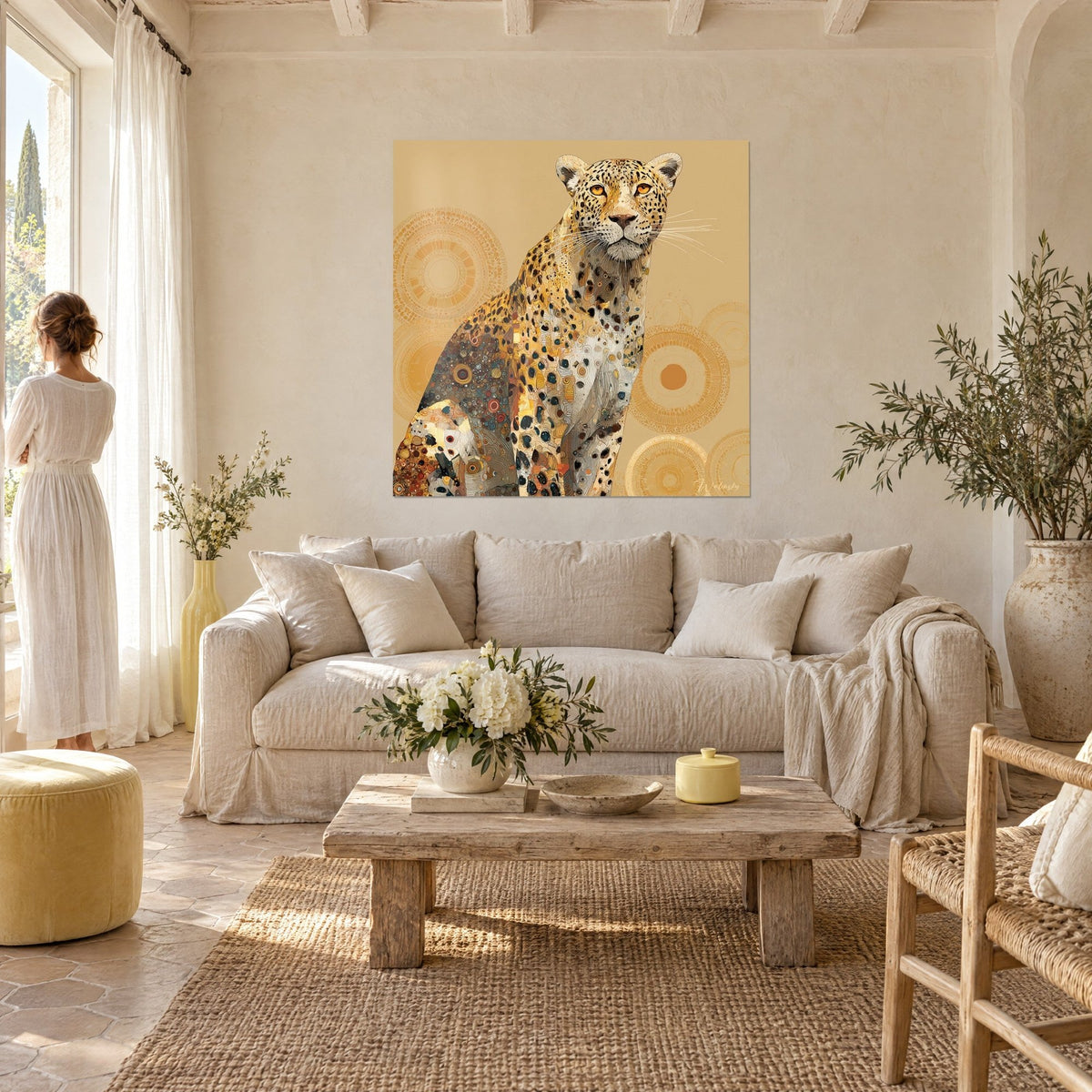 Wall art of a seated golden leopard, amber eyes and fur in ochre and duck-blue mosaic tiles, sandy circles, above a sofa in a bright living room