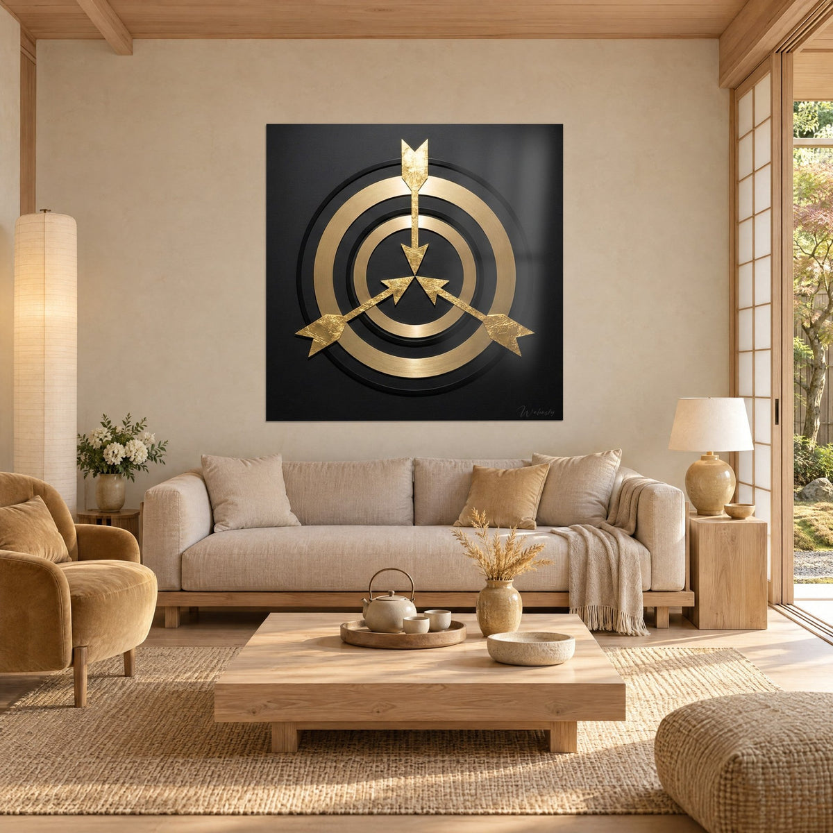 Quadro bersaglio concentrico in ottone spazzolato, tre frecce in foglia d'oro su fondo nero, sopra un divano in un soggiorno luminoso