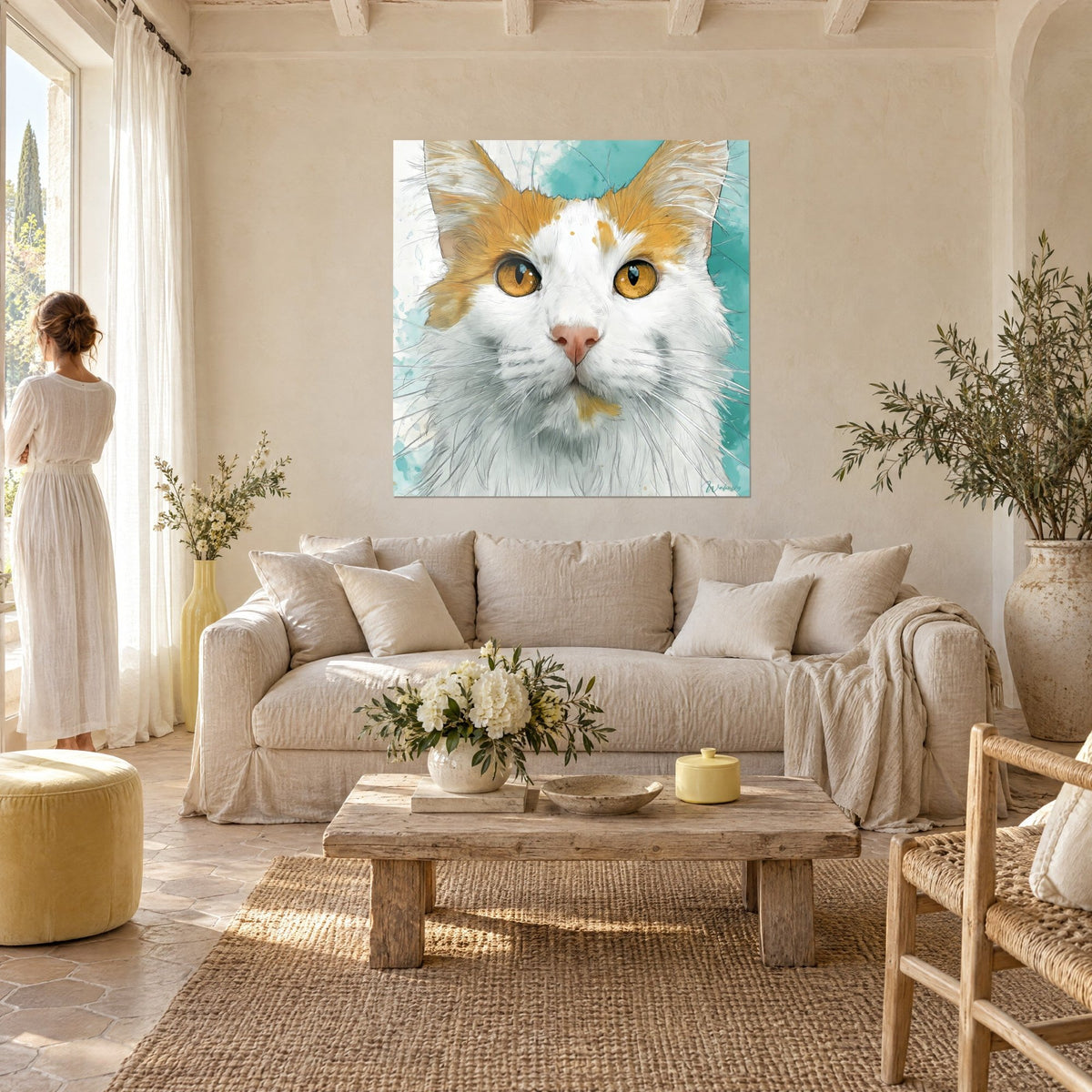 Obraz kot Turkish Van o bursztynowych oczach i rudych łatach na turkusowym tle, nad sofą w jasnym salonie