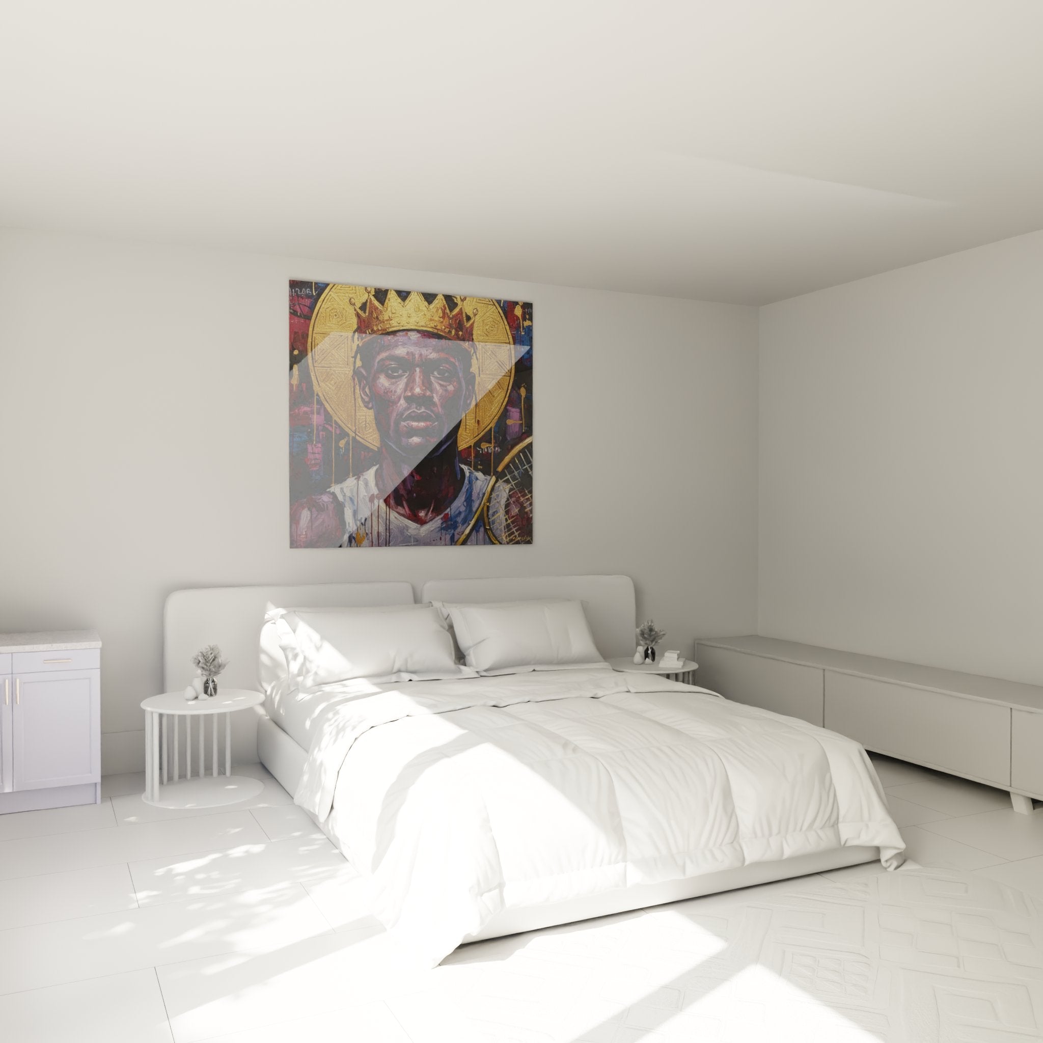 Décoration chambre avec tableau tennis champion couronné, art moderne coloré accroché au mur au-dessus du lit