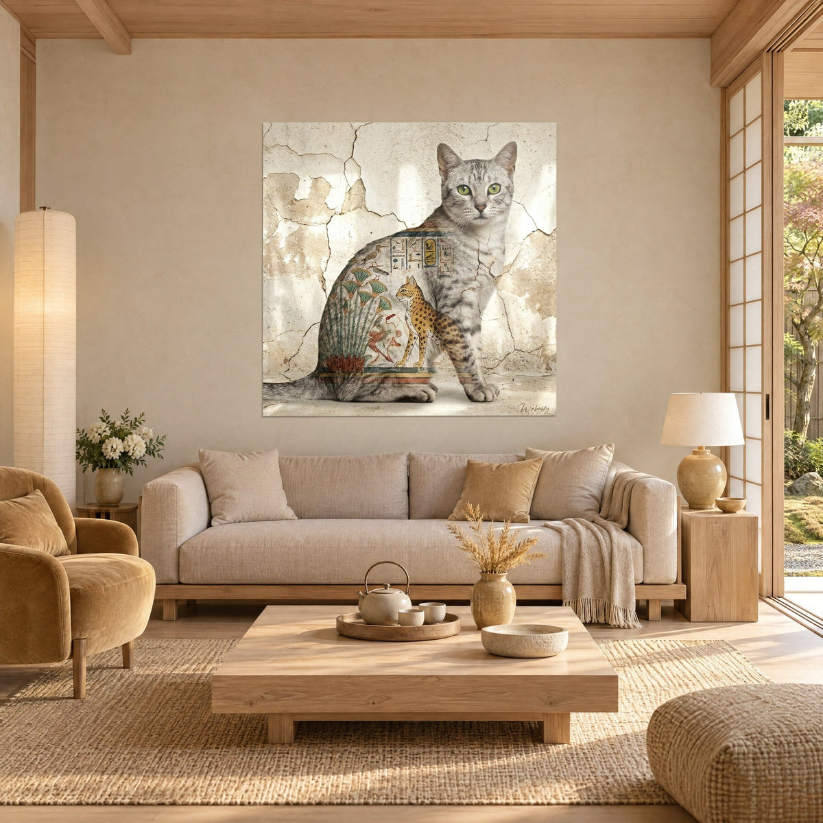 Gemälde silbergetigerte Katze mit grünen Augen, ockerfarbene Hieroglyphen und türkisfarbener Papyrus, über einem Sofa in einem hellen Wohnzimmer