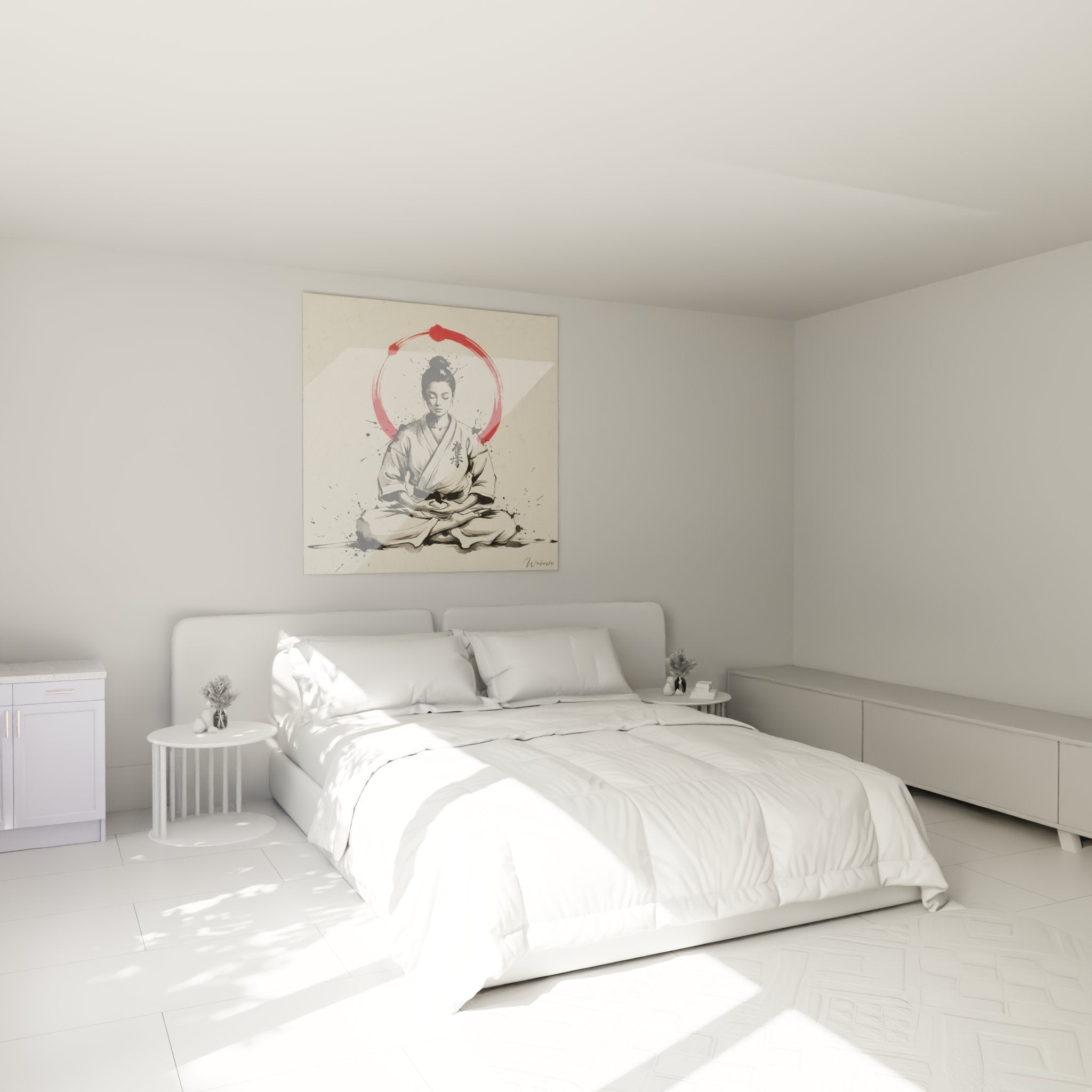 Décoration murale karaté dans chambre moderne avec tableau méditation zen et cercle rouge
