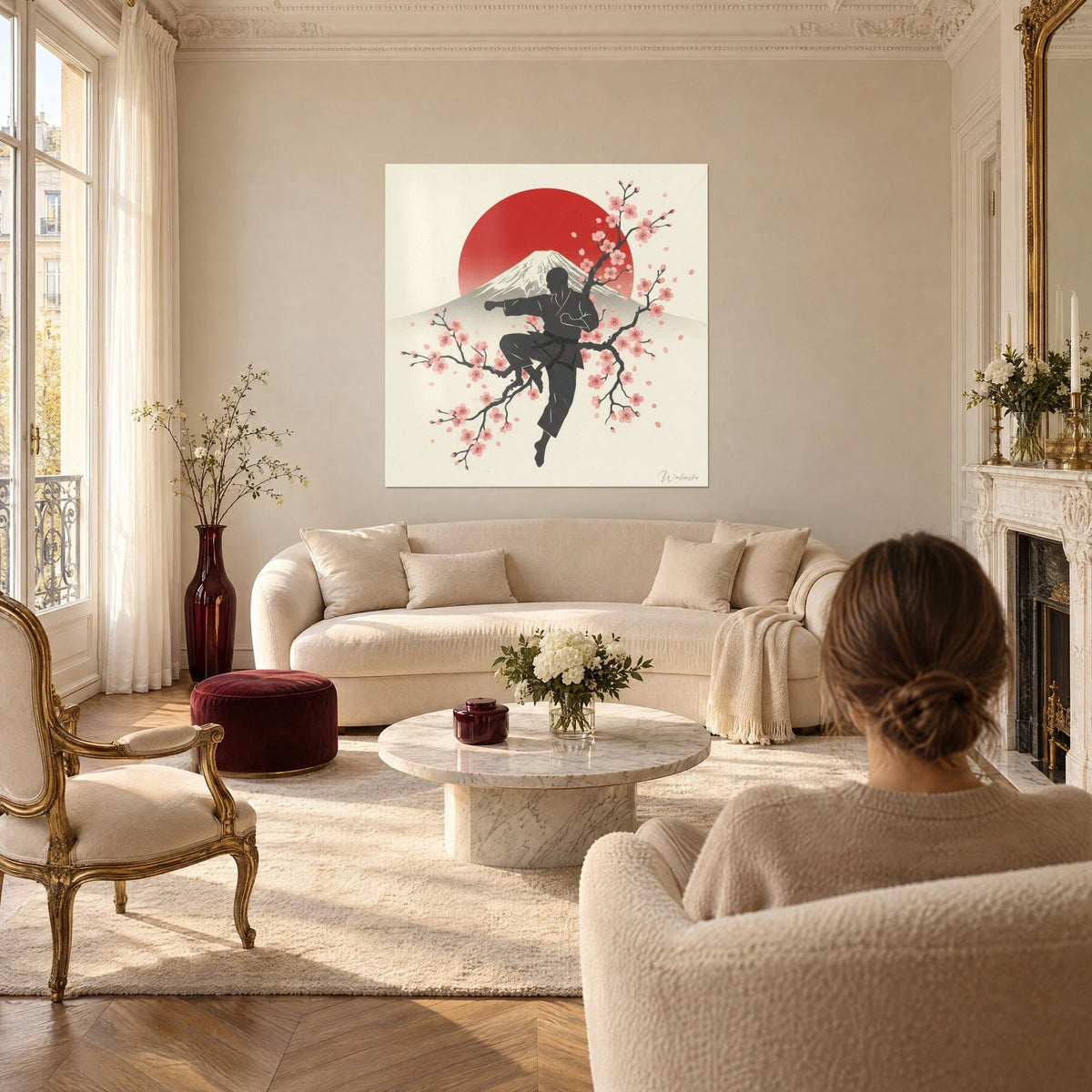 Wall art karate fighter mid-air kicking in front of a red sun and pink cherry trees, above a sofa in a bright living room