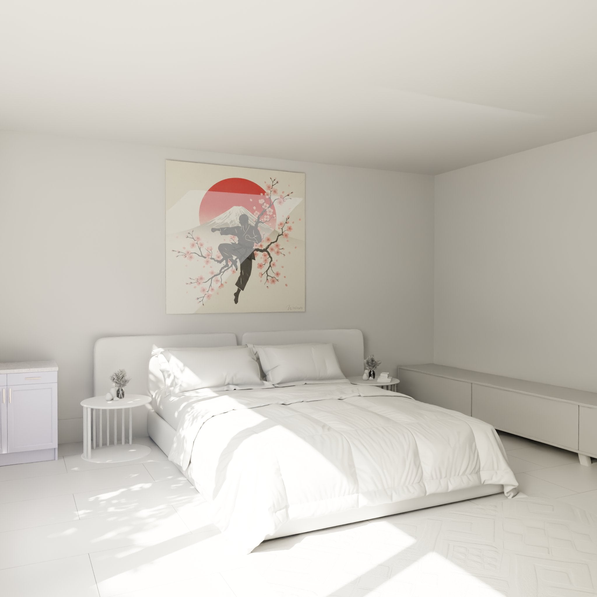 Decoration murale karate art japonais chambre Mont Fuji sakura karateka silhouette rouge rose
