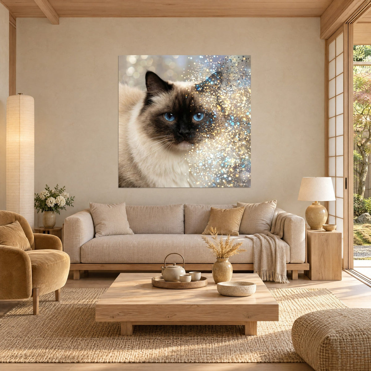 Schilderij ragdollkat met blauwe ogen, bruin masker en gouden sterrenstof, boven een bank in een lichte woonkamer