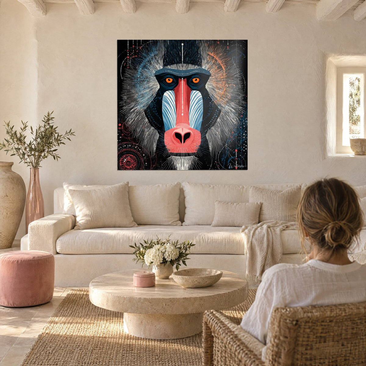Gemälde Mandrill mit korallenrotem Gesicht und blau gestreiften Wangen, orangefarbener Blick, über einem Sofa in einem hellen Wohnzimmer