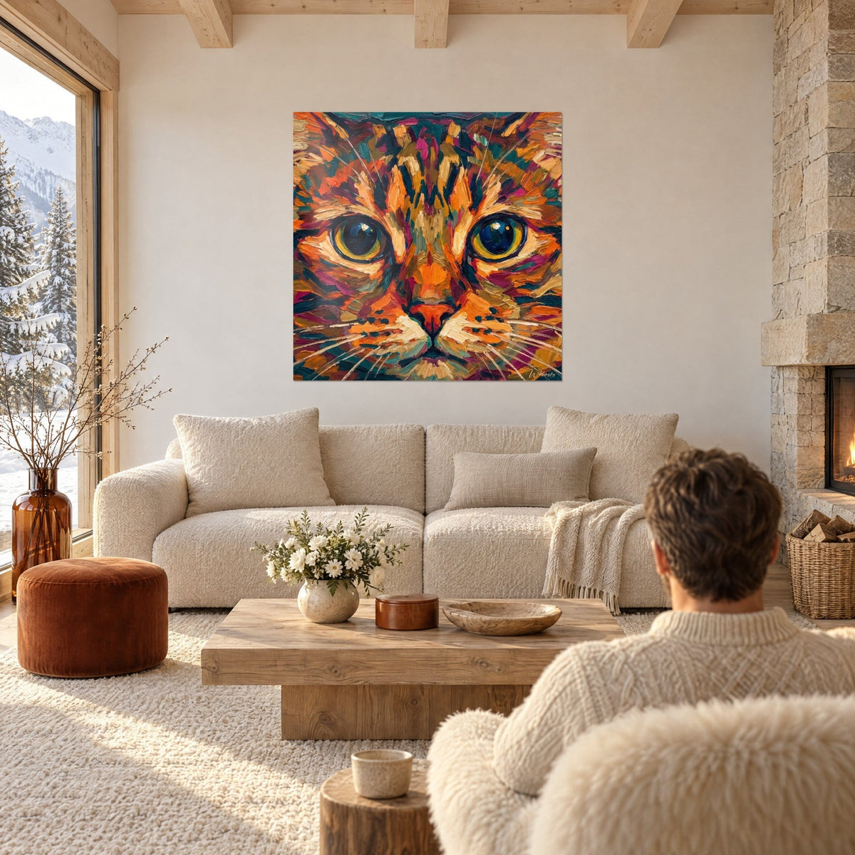 Tableau portrait de chat aux yeux bleu nuit cerclés de jaune, pelage orange et rose, au-dessus d'un canapé dans un salon lumineux
