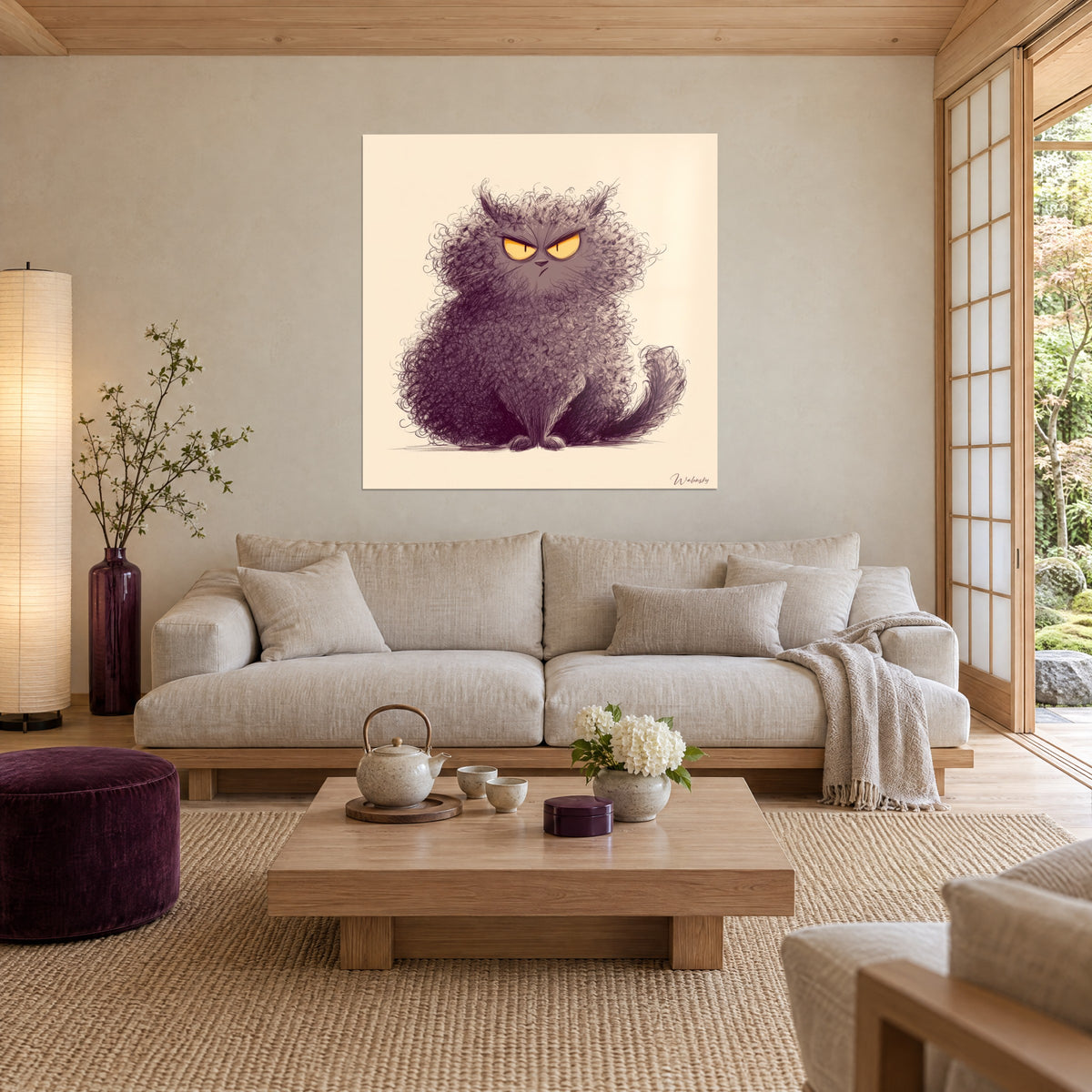 Schilderij chagrijnige kat met krullend pruimkleurig vacht en gouden ogen, crèmekleurige achtergrond, boven een bank in een lichte woonkamer