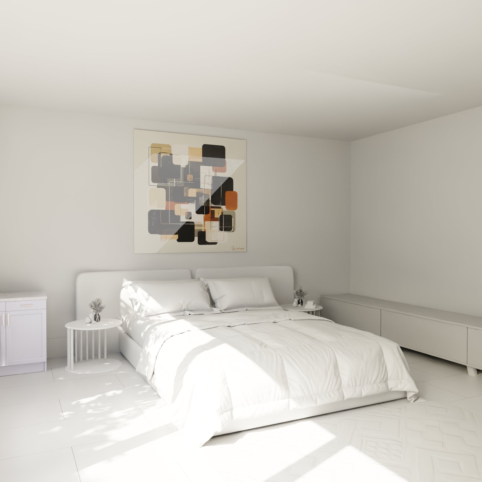 Decorazione murale camera da letto con quadro forme geometriche africane astratte tonalita naturali atmosfera moderna