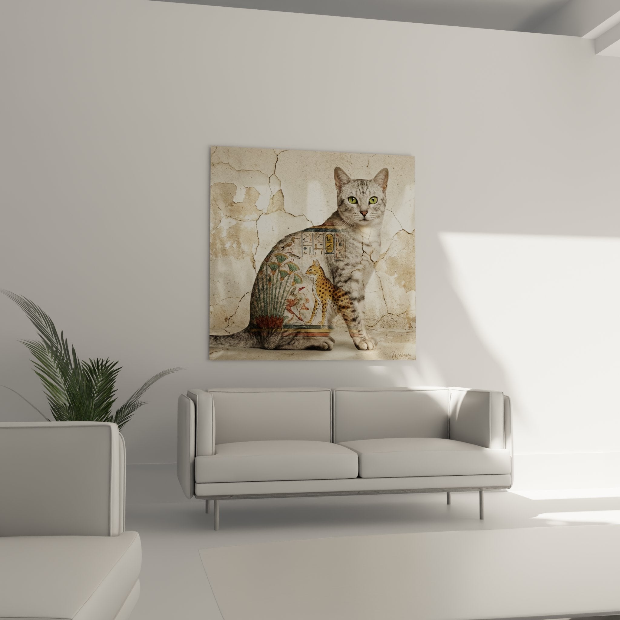 Dettaglio affresco egiziano su gatto Egyptian Mau che mostra papiro geroglifici e leopardo maculato arte faraonica