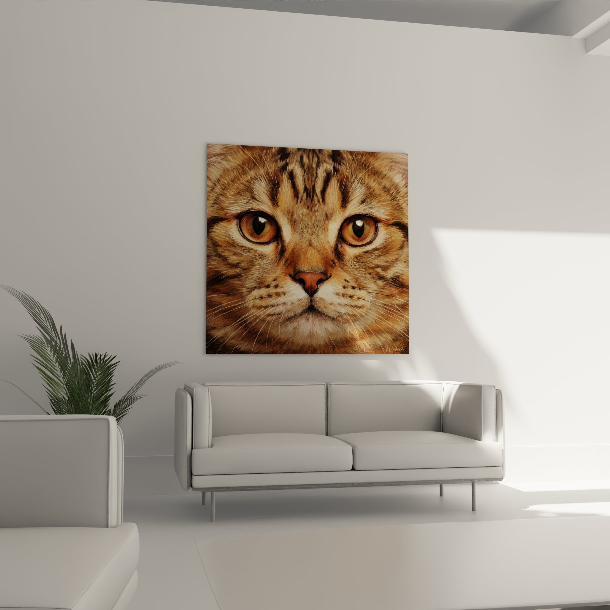 Gros plan portrait chat American Shorthair yeux dores, details pelage tigre realiste tableau art animalier mural
