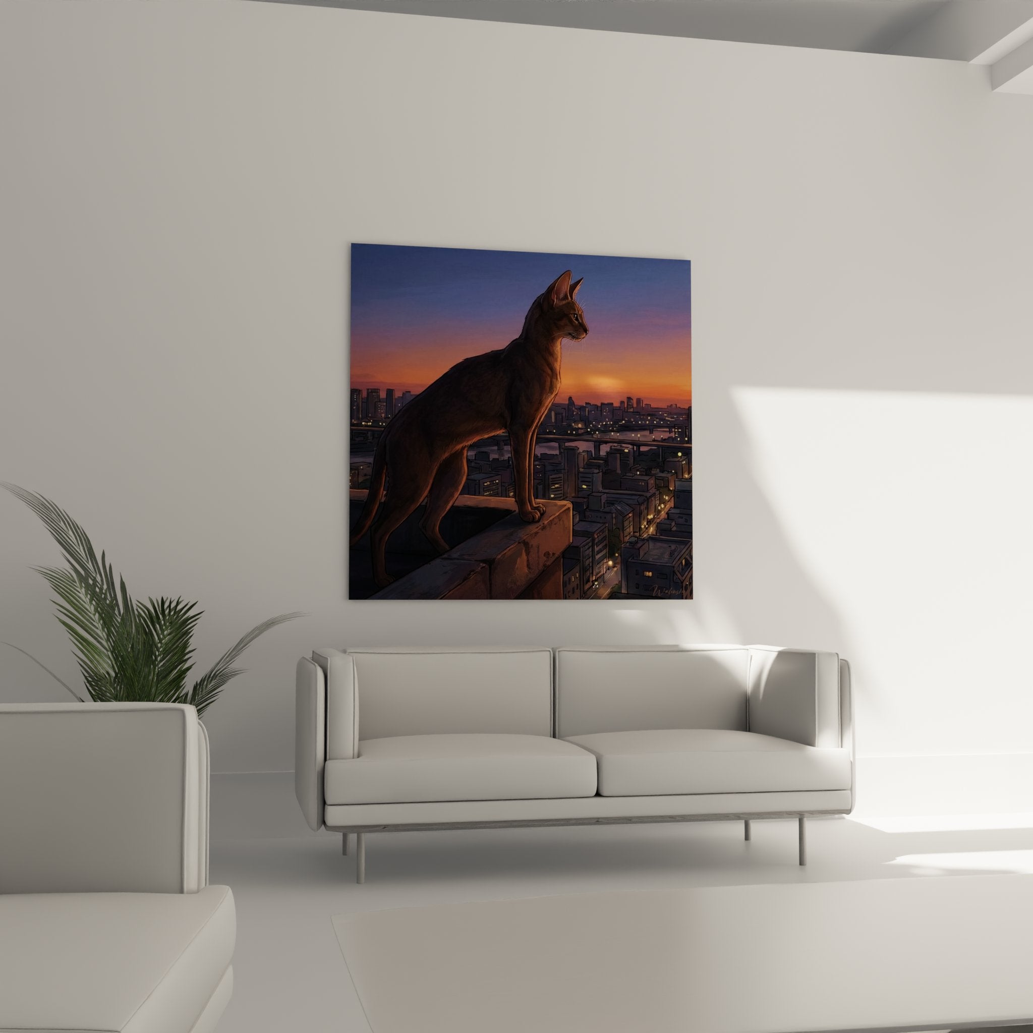 Detail du tableau montrant chat Chausie au pelage fauve dore par lumiere crepusculaire, art felin de qualite premium