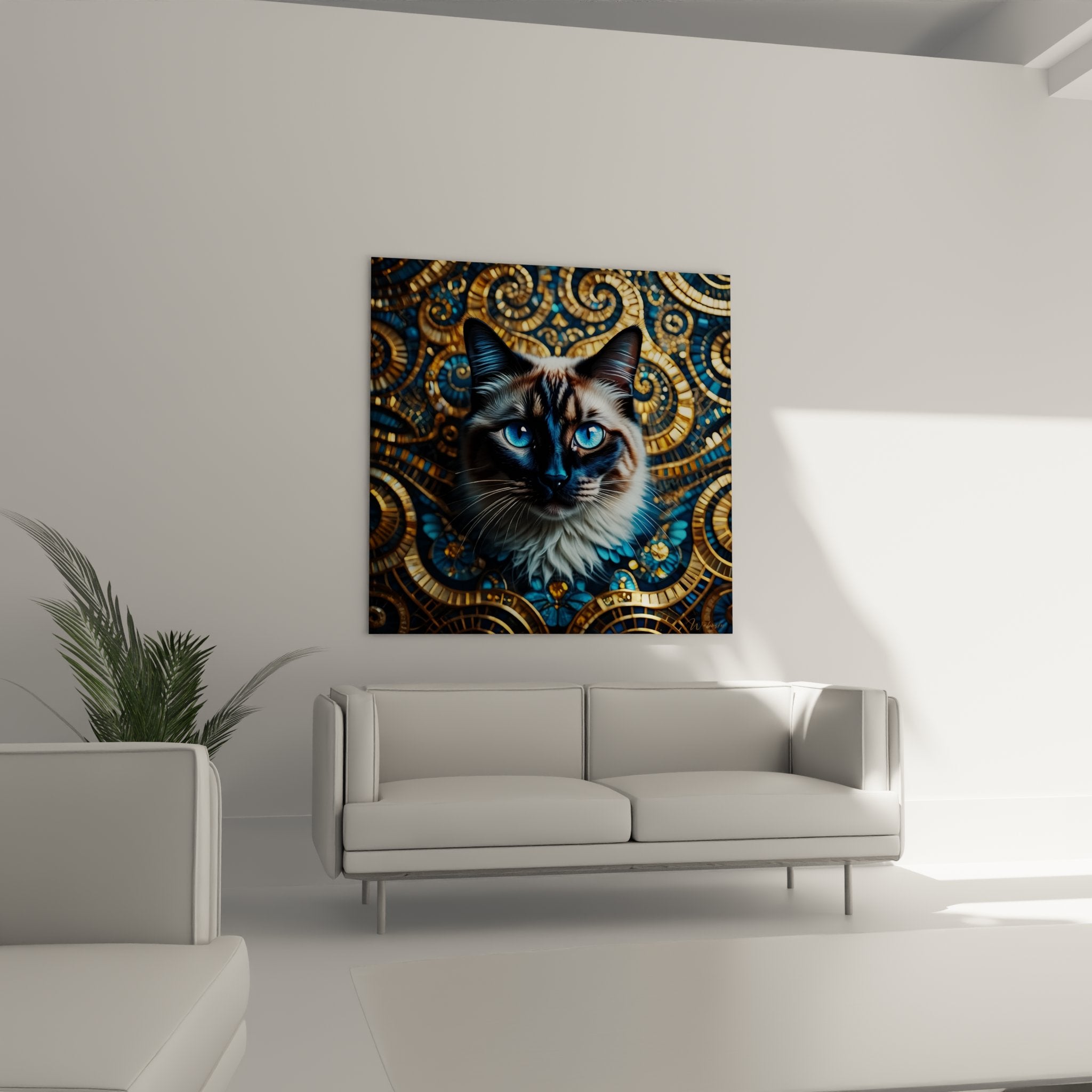 Primo piano del quadro gatto birmano che mostra i dettagli degli occhi blu e le spirali dorate dello sfondo