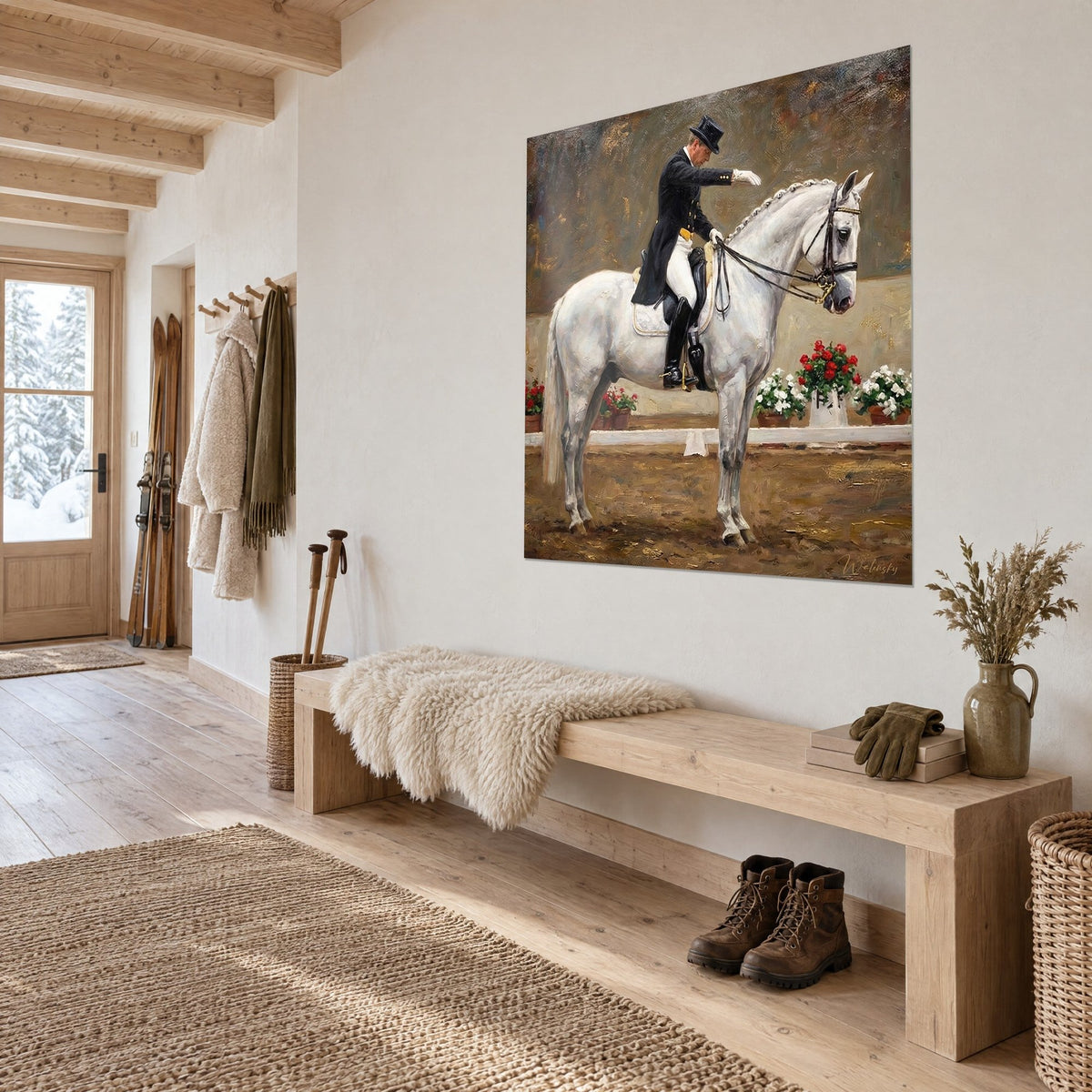 Schilderij dressuurruiter met hoge hoed groet met witte handschoen, goudocker achtergrond, driekwart zicht in het chalet