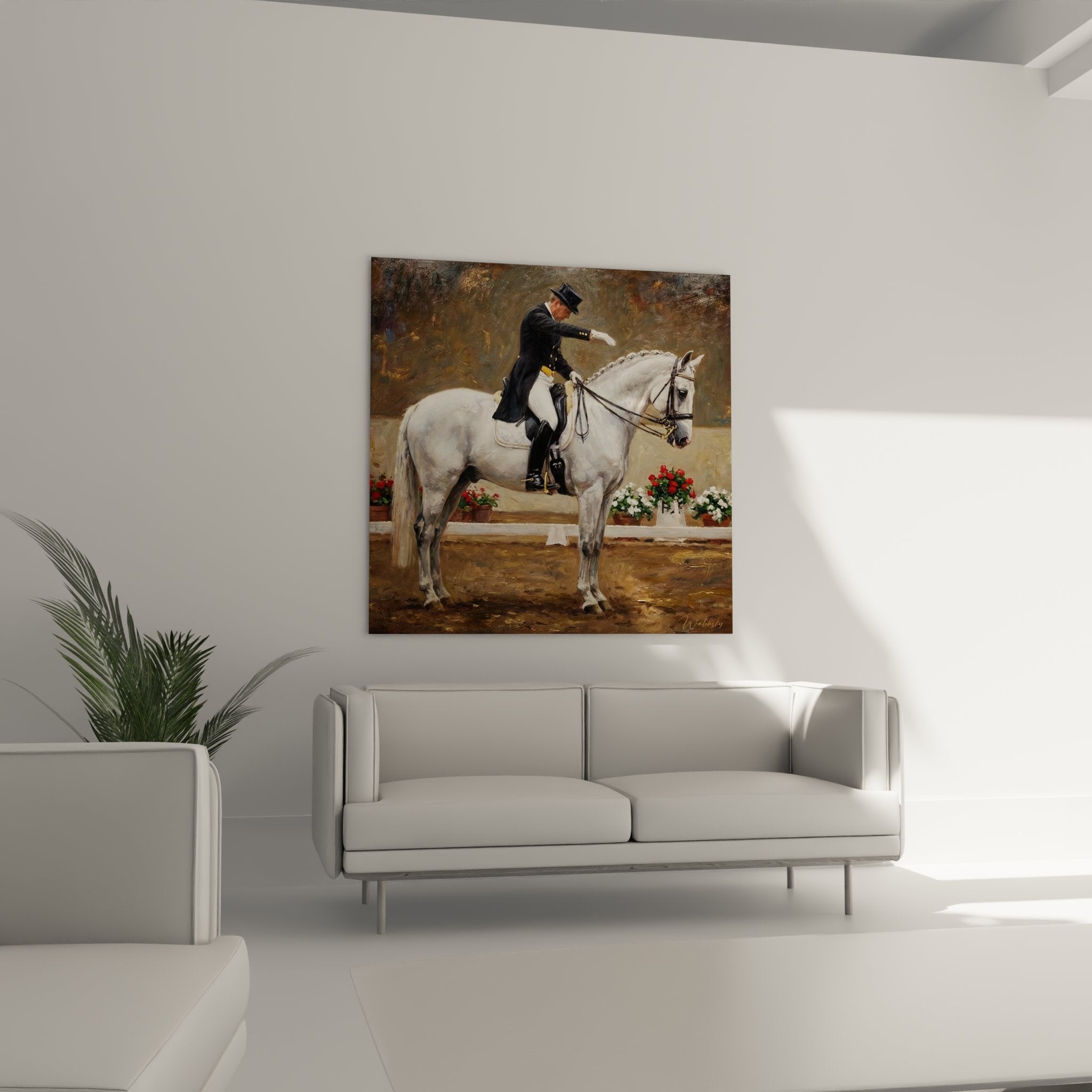 Dettaglio quadro dressage cavaliere cilindro cavallo bianco briiglia cuoio equipaggiamento equestre