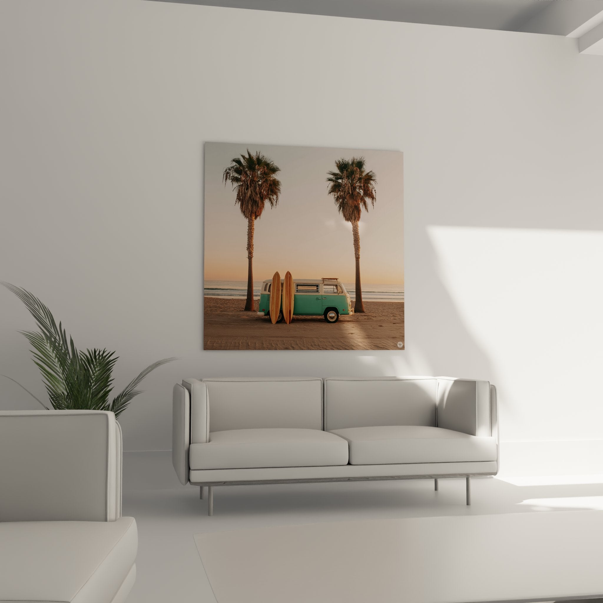 Detail tableau surf van vintage turquoise planches bois naturel palmiers plage coucher soleil