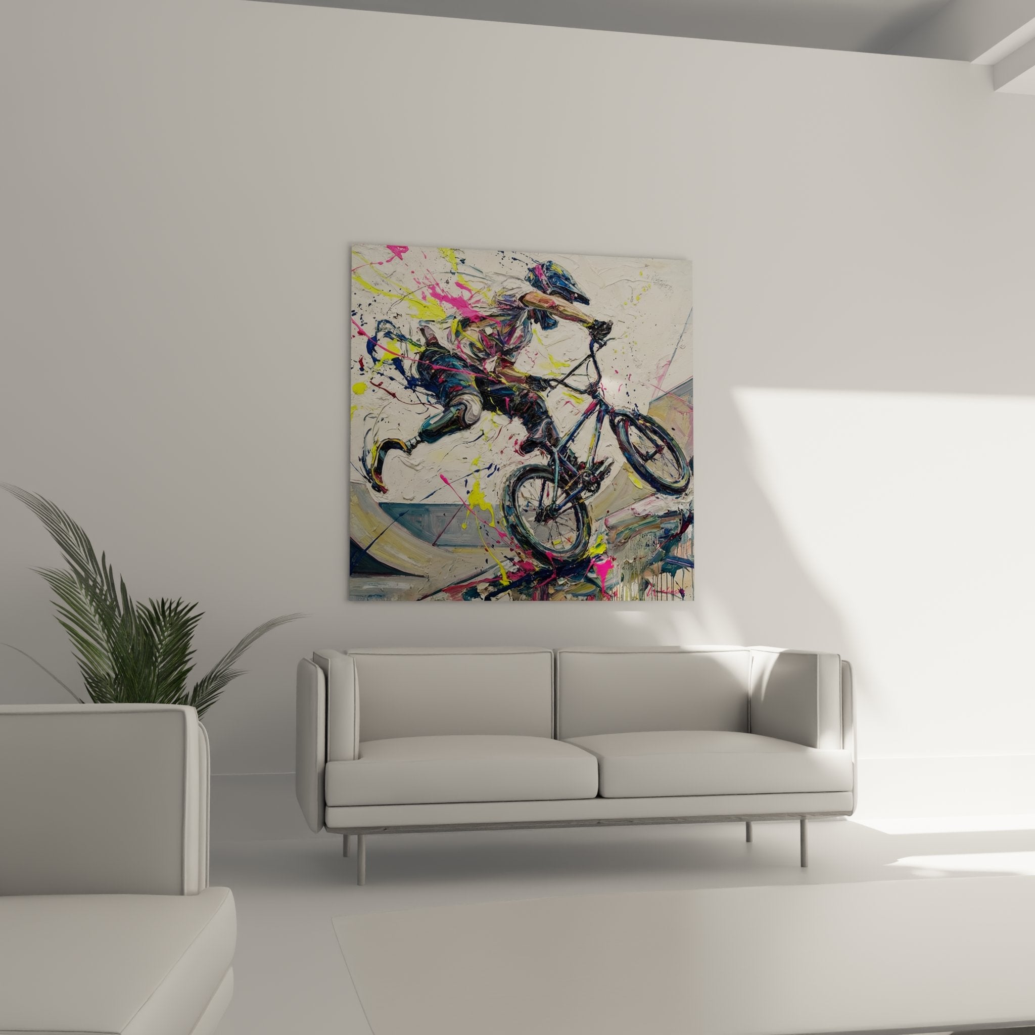 Detail peinture abstraite cycliste paralympique, texture expressionniste couleurs eclatantes