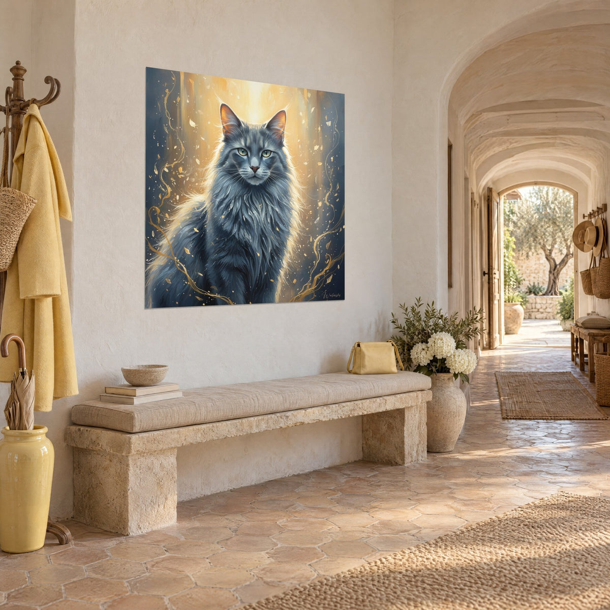 Wall art feline with long silver fur, copper ears and gold highlights on a midnight blue background, vaulted hallway of the Provençal farmhouse