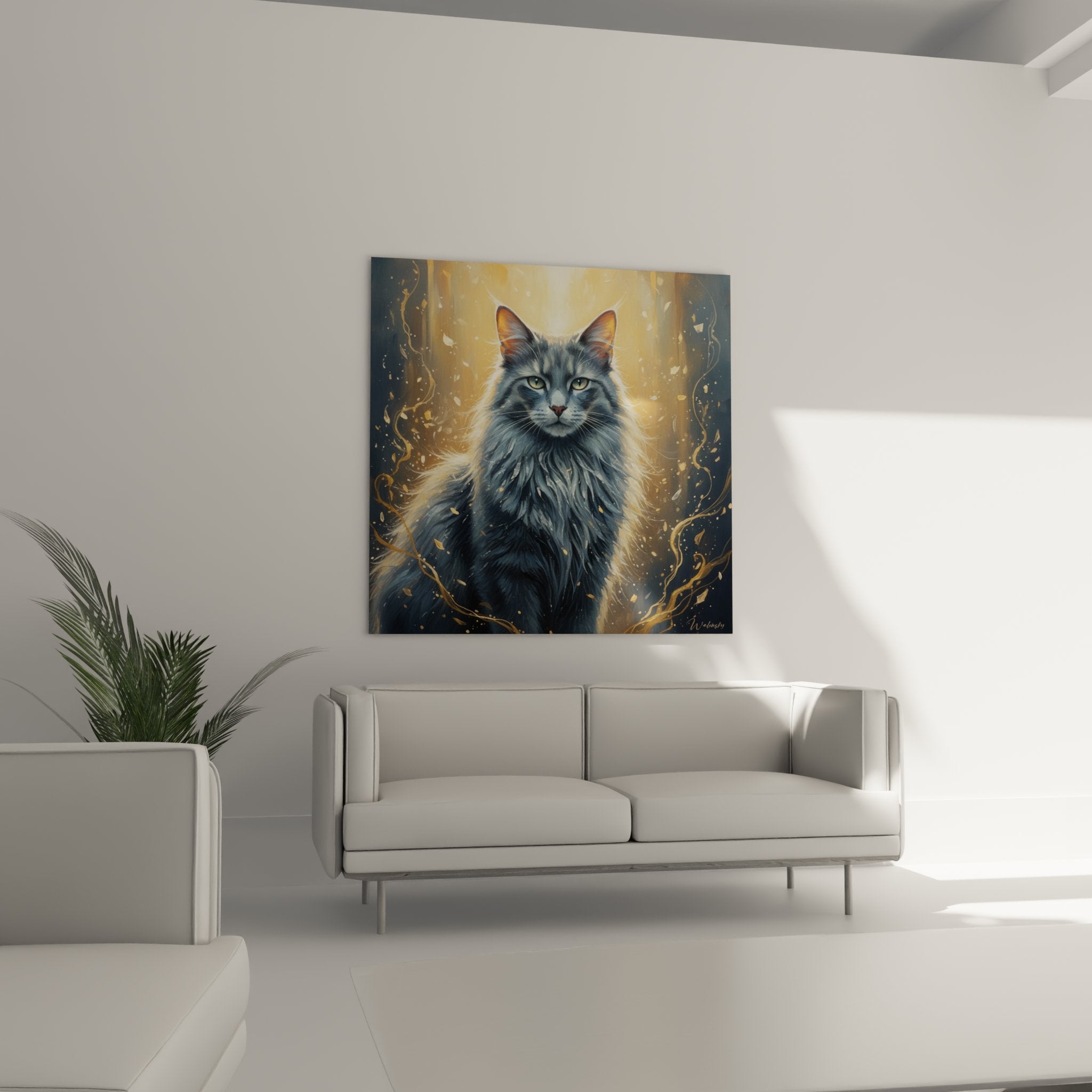 Détail rapproché du tableau montrant les yeux verts perçants du chat Nebelung et les effets dorés lumineux