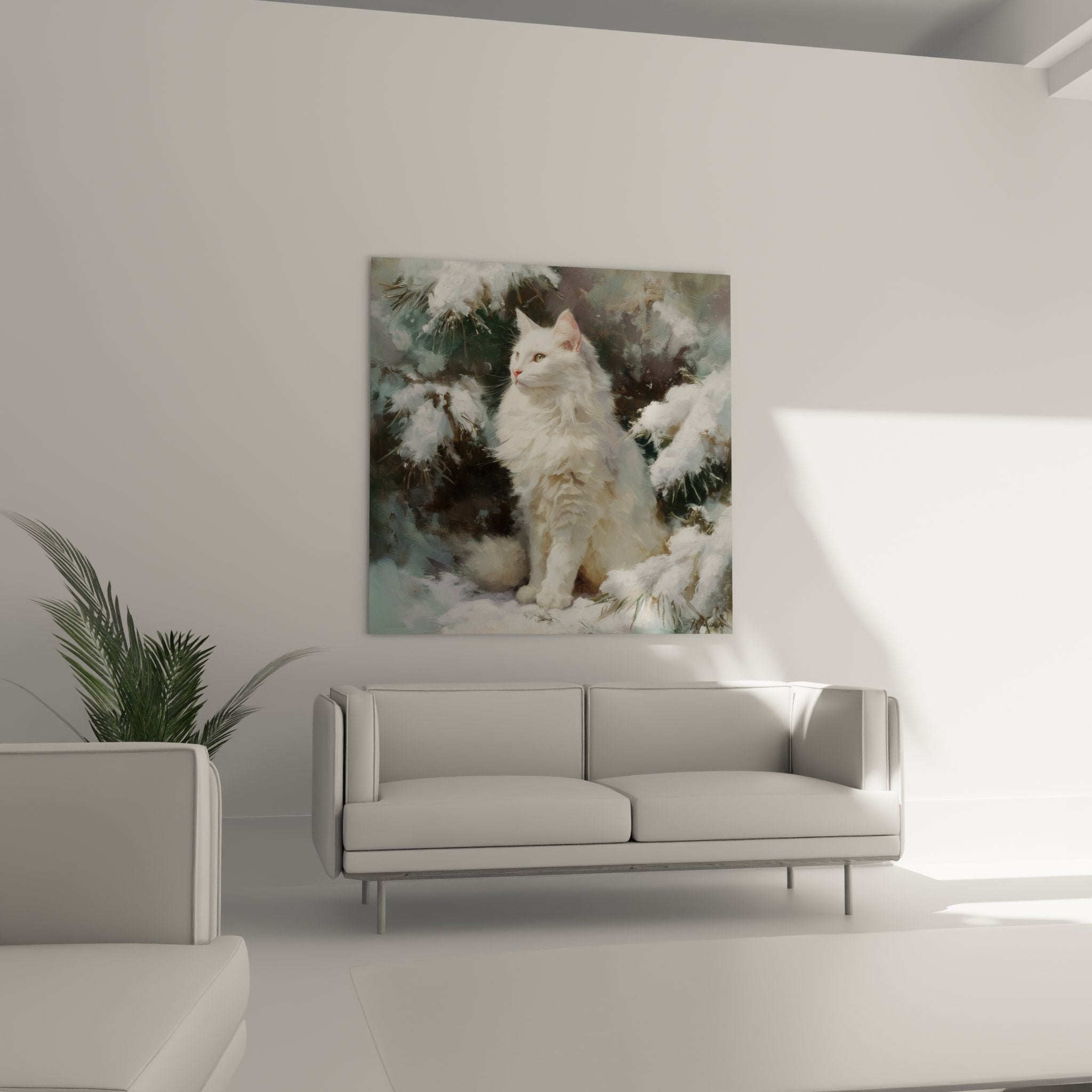 Nahaufnahme Gemälde Turkish Angora Weiß, seidige Fellstruktur, ausdrucksstarke grüne Augen, künstlerische Qualität