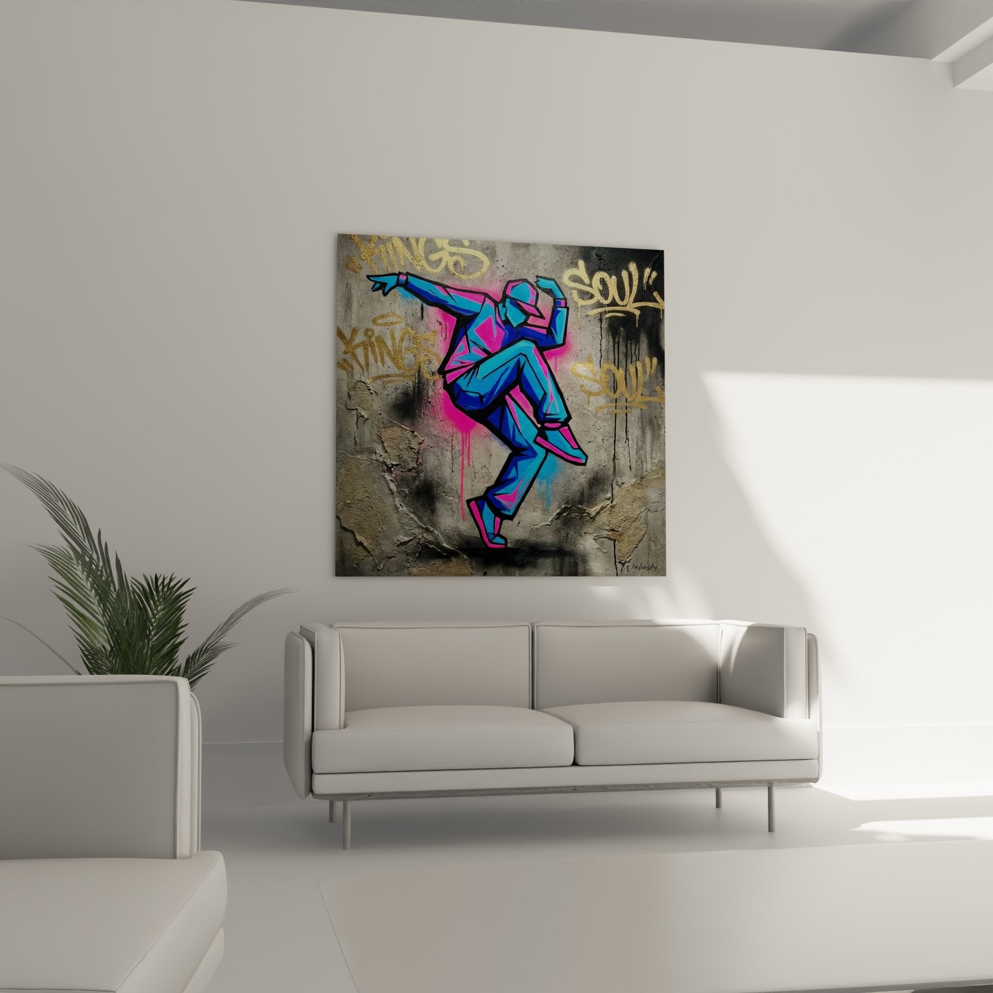 Detail breakdance dancer painting vibrant colors blue magenta modern street art technique