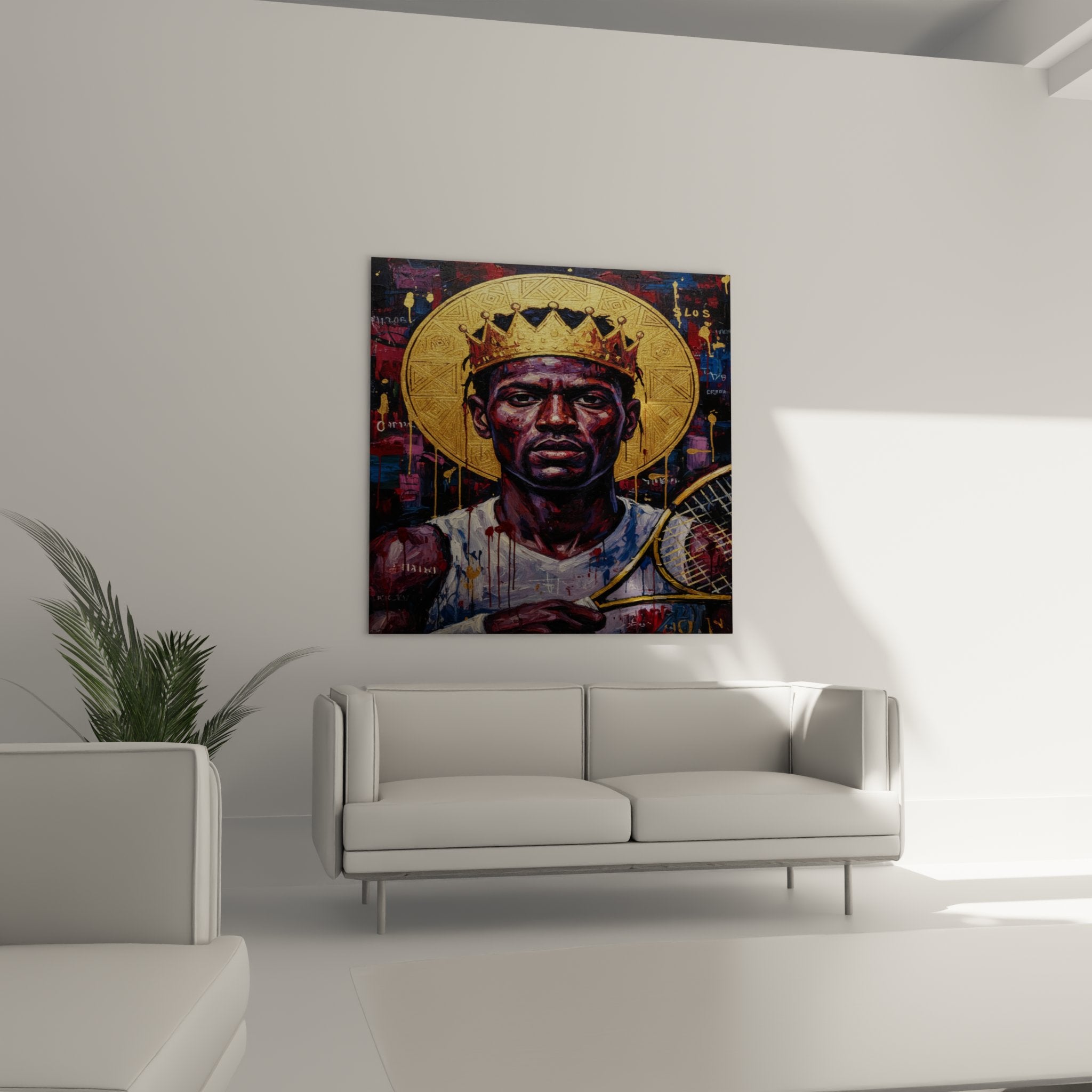 Gros plan tableau tennis montrant details couronne doree et visage expressif du joueur champion