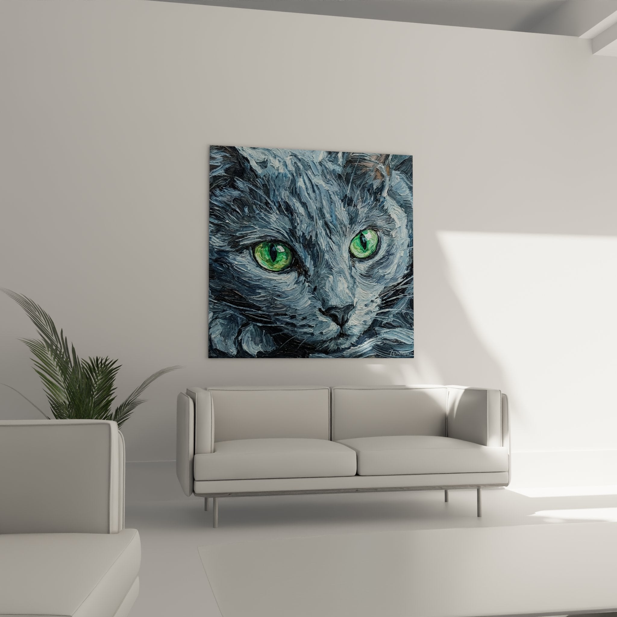 Gros plan tableau chat Russian Blue yeux emeraude peinture style tourbillonnant impressionniste