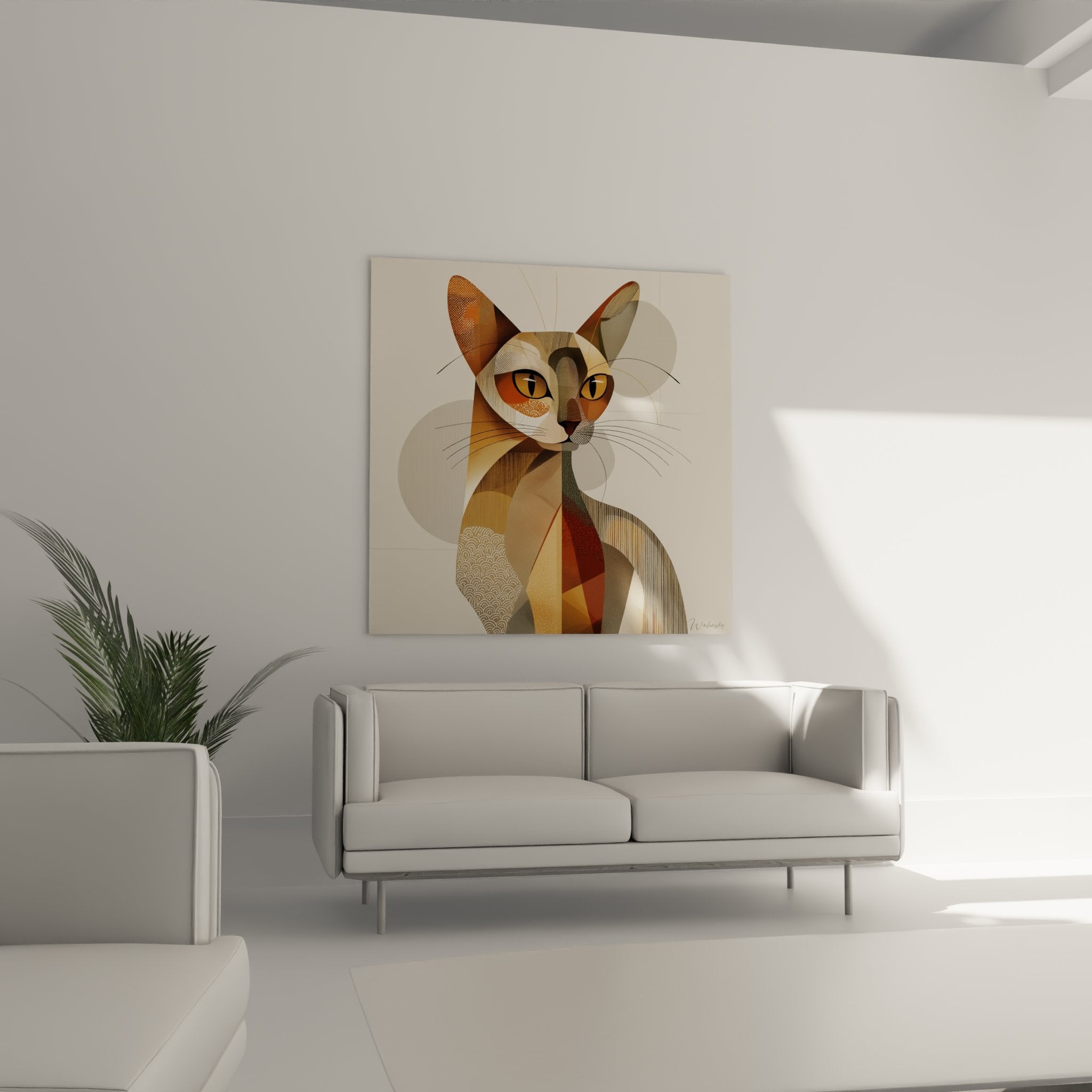 Détail du tableau chat Singapura montrant les yeux dorés et motifs géométriques abstraits en gros plan artistique