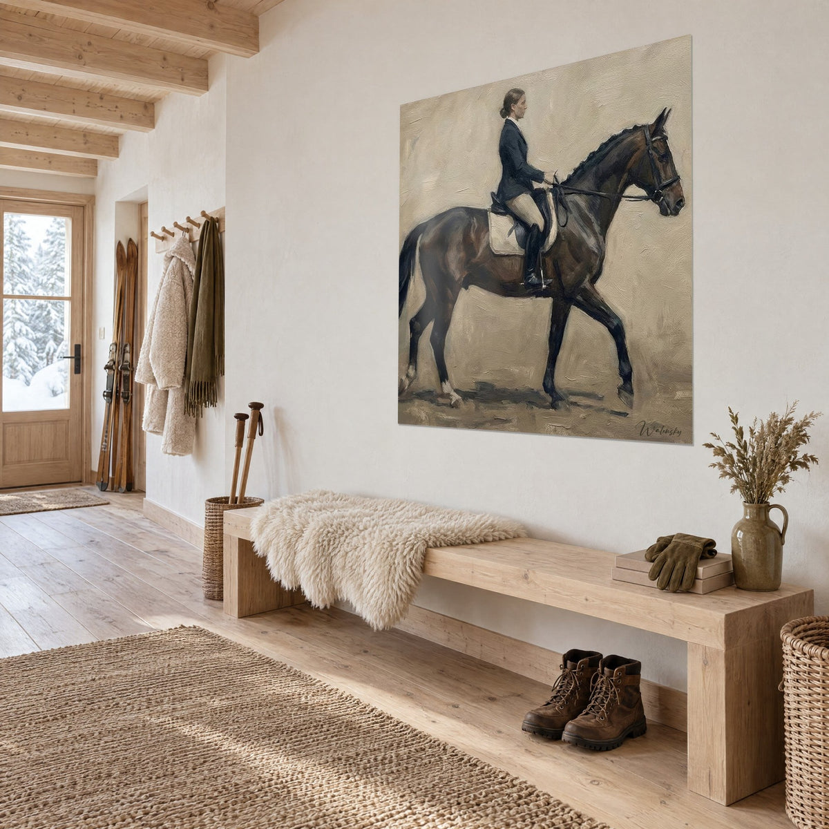 Wall art of a female dressage rider in cream breeches and black boots on a bay horse, three-quarter view in a wooden hallway