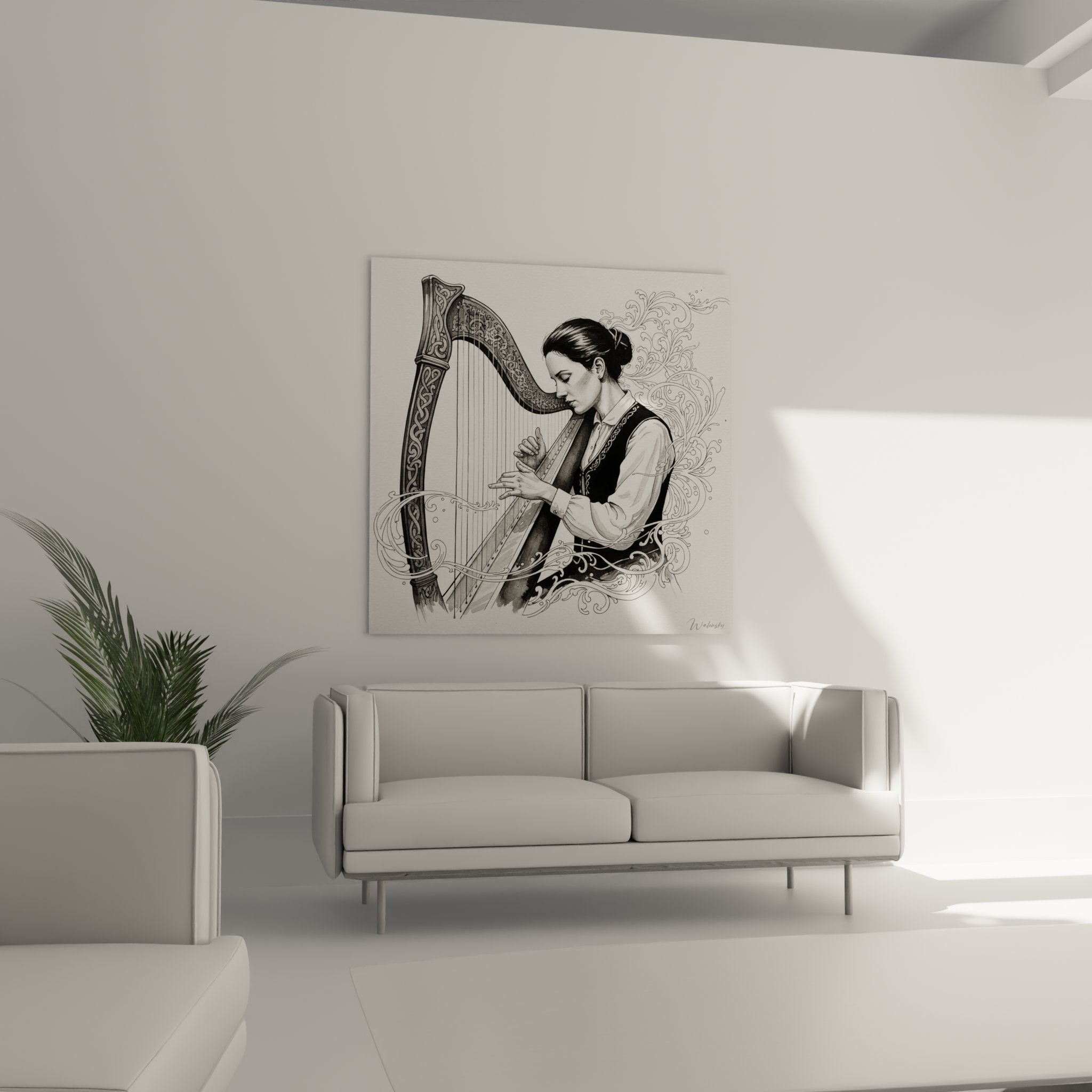 Detail harpe celtique motifs ornementaux bretons nœuds entrelaces sculpture traditionnelle Bretagne art