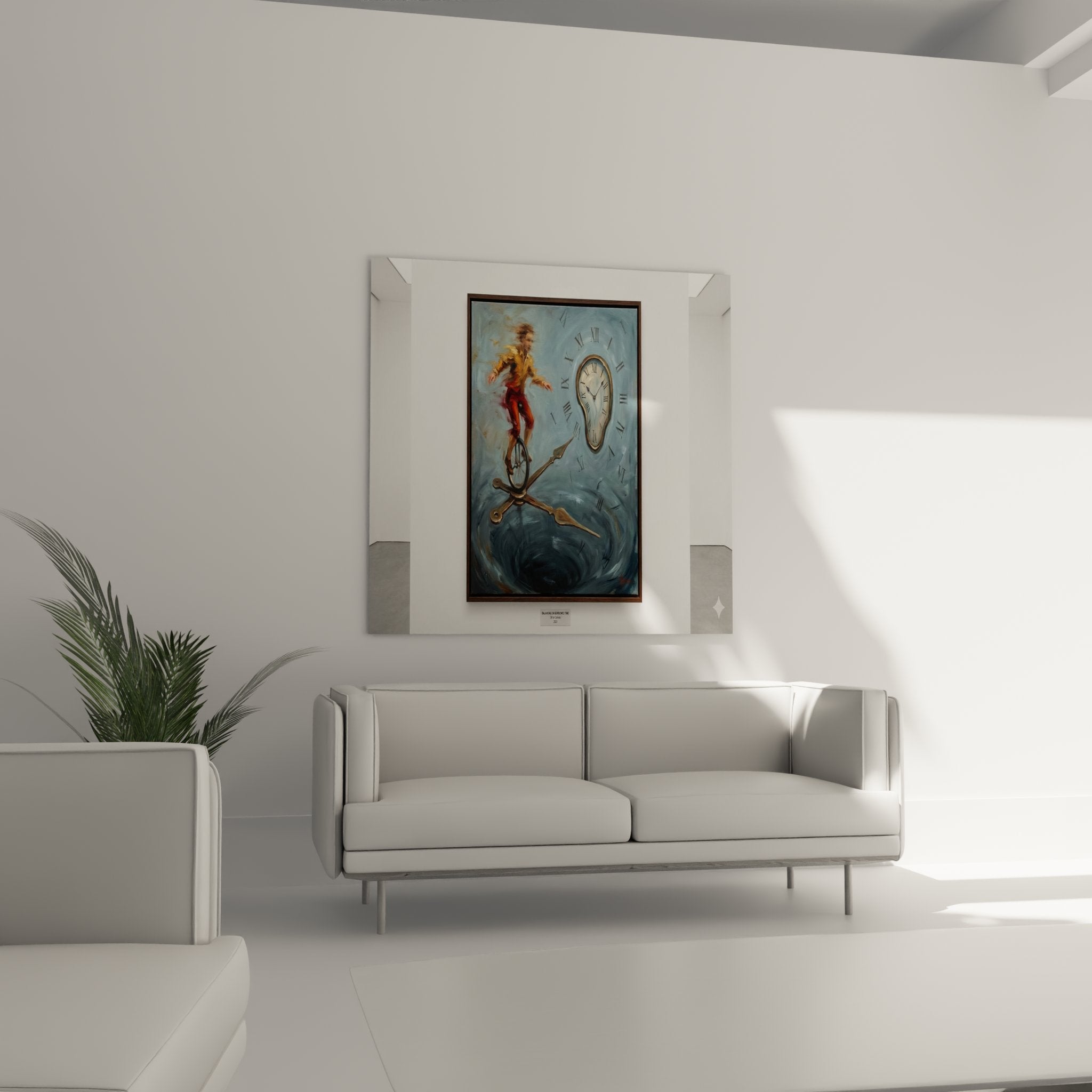 Détail peinture équilibriste monocycle, technique pinceau expressif, couleurs vives jaune rouge sur fond bleu