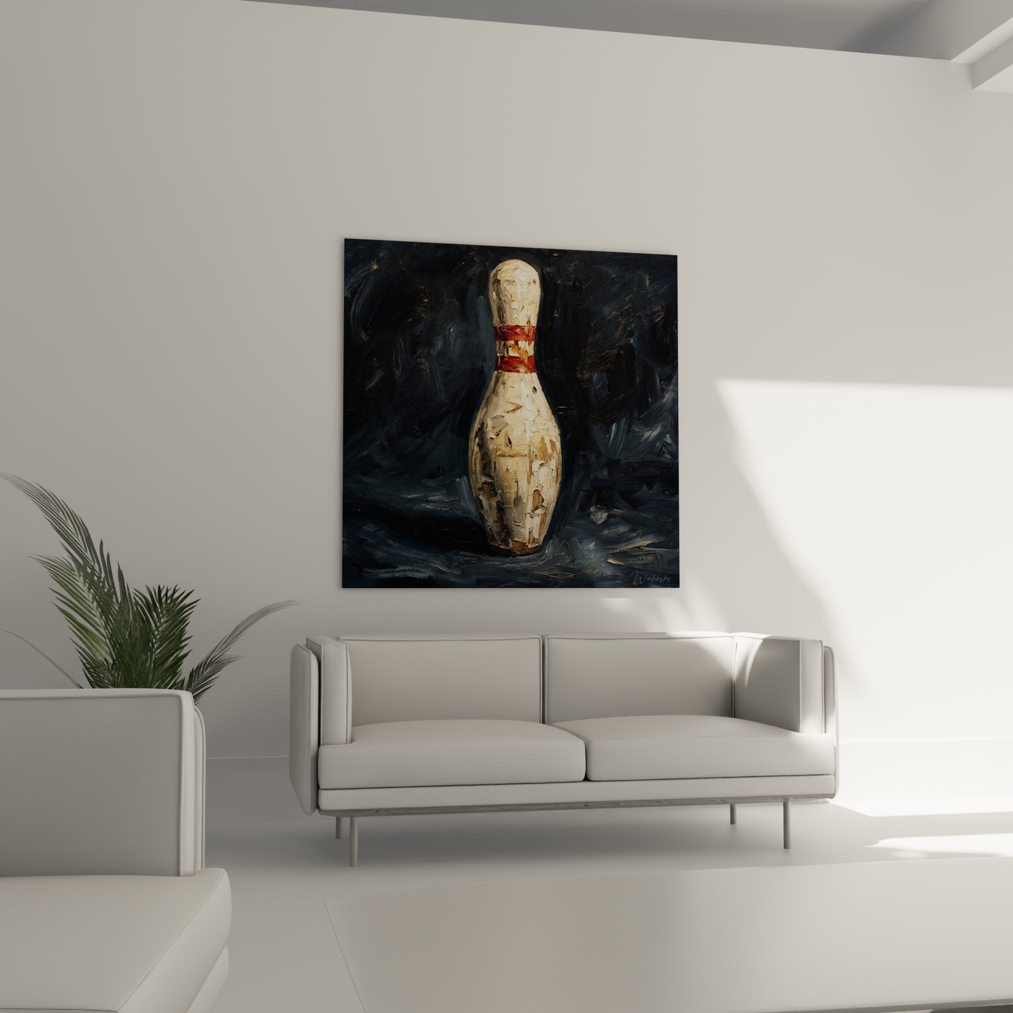 Bowling pin painting detail showing thick texture and characteristic red stripes