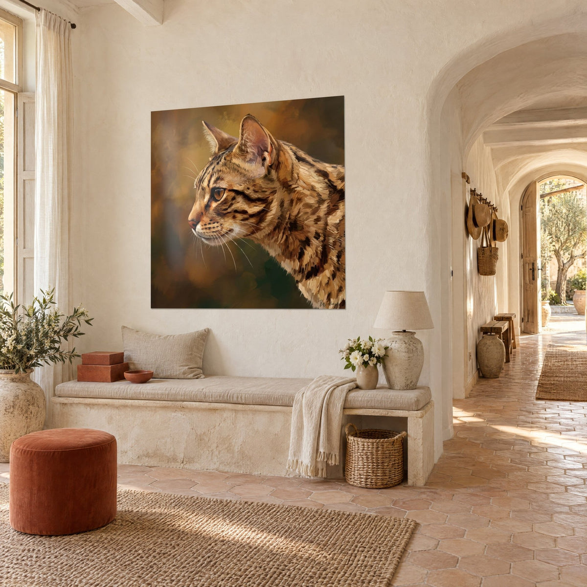 Quadro felino tigrato dallo sguardo ambrato, orecchie ritte, fondo oro e verde scuro, in prospettiva in un casale provenzale