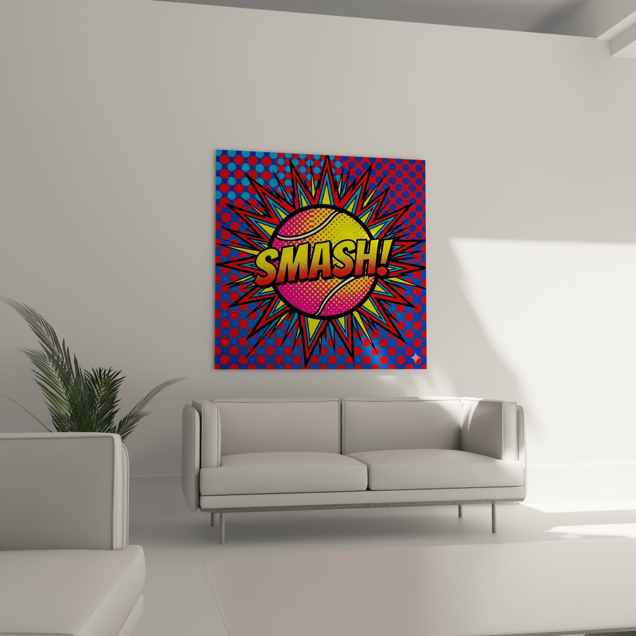 Détail gros plan tableau tennis pop art, balle stylisée rose et jaune avec effet tramage style comic book