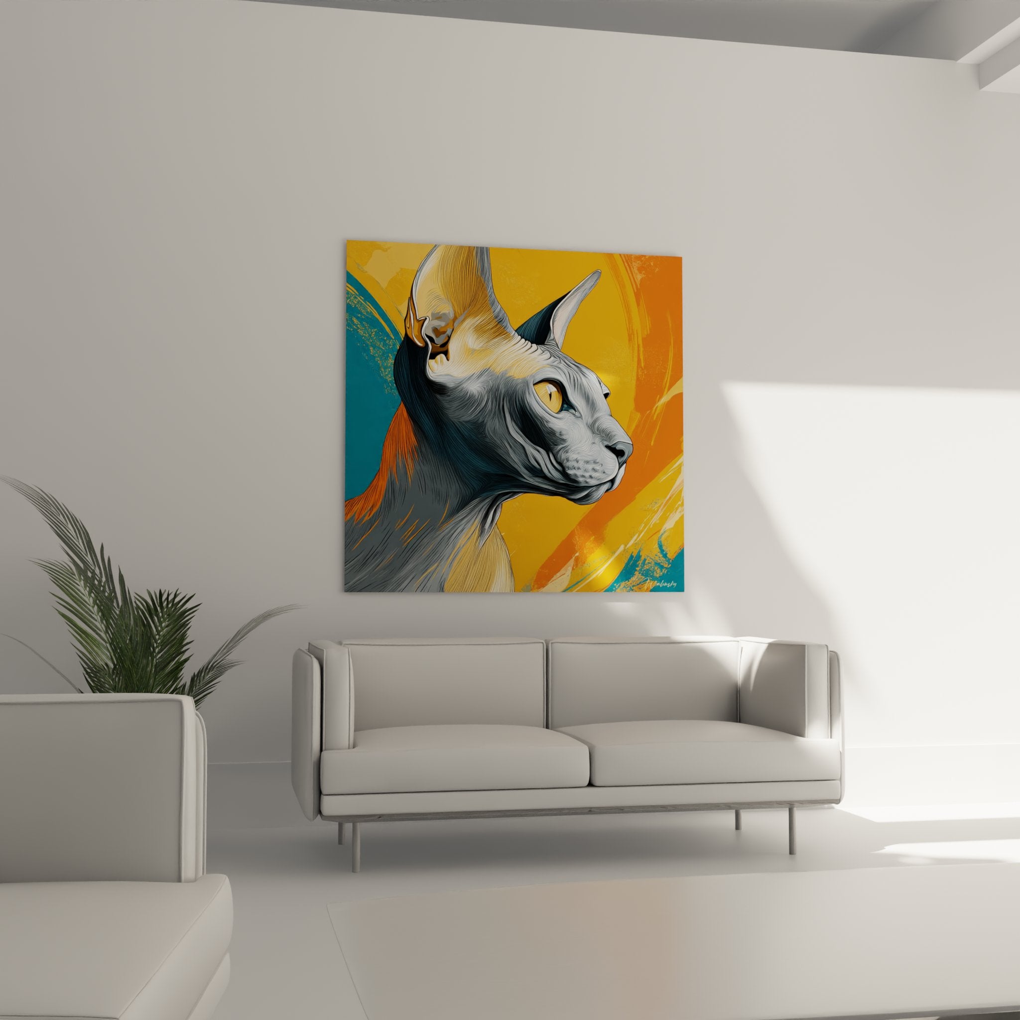 Dettaglio ravvicinato del quadro gatto Sphynx che mostra le sfumature di grigio e l'occhio dorato penetrante del felino