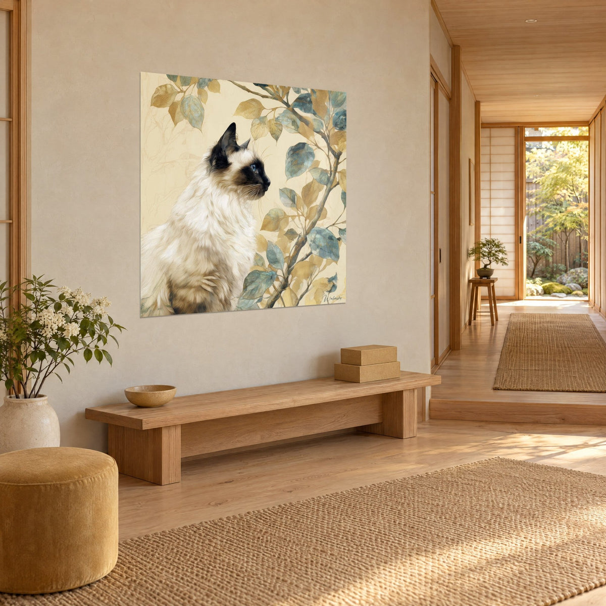 Schilderij crèmekleurige kat in profiel, donker oor rechtop, takken met okerkleurige en turquoise bladeren, lichte houten bank in de gang