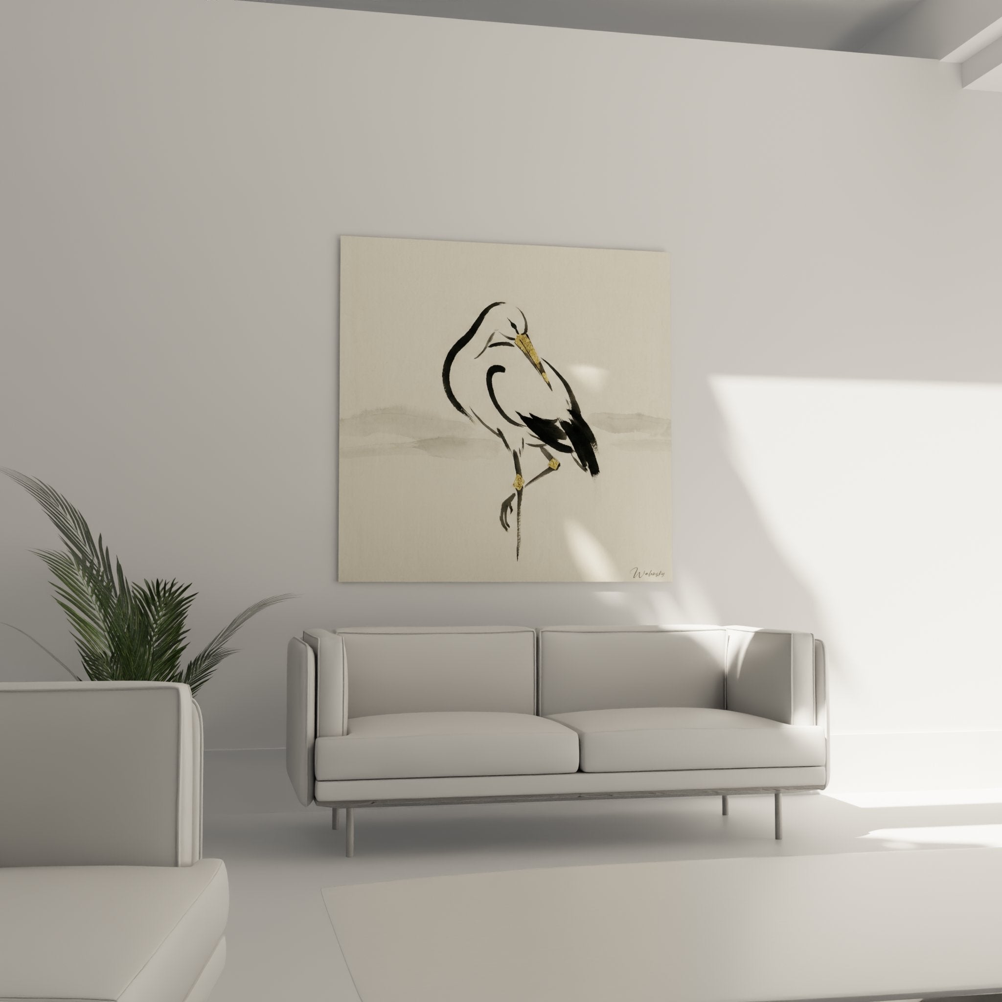 Close-up stork artwork, expressive brushstroke details, golden beak, contemporary minimalist art style