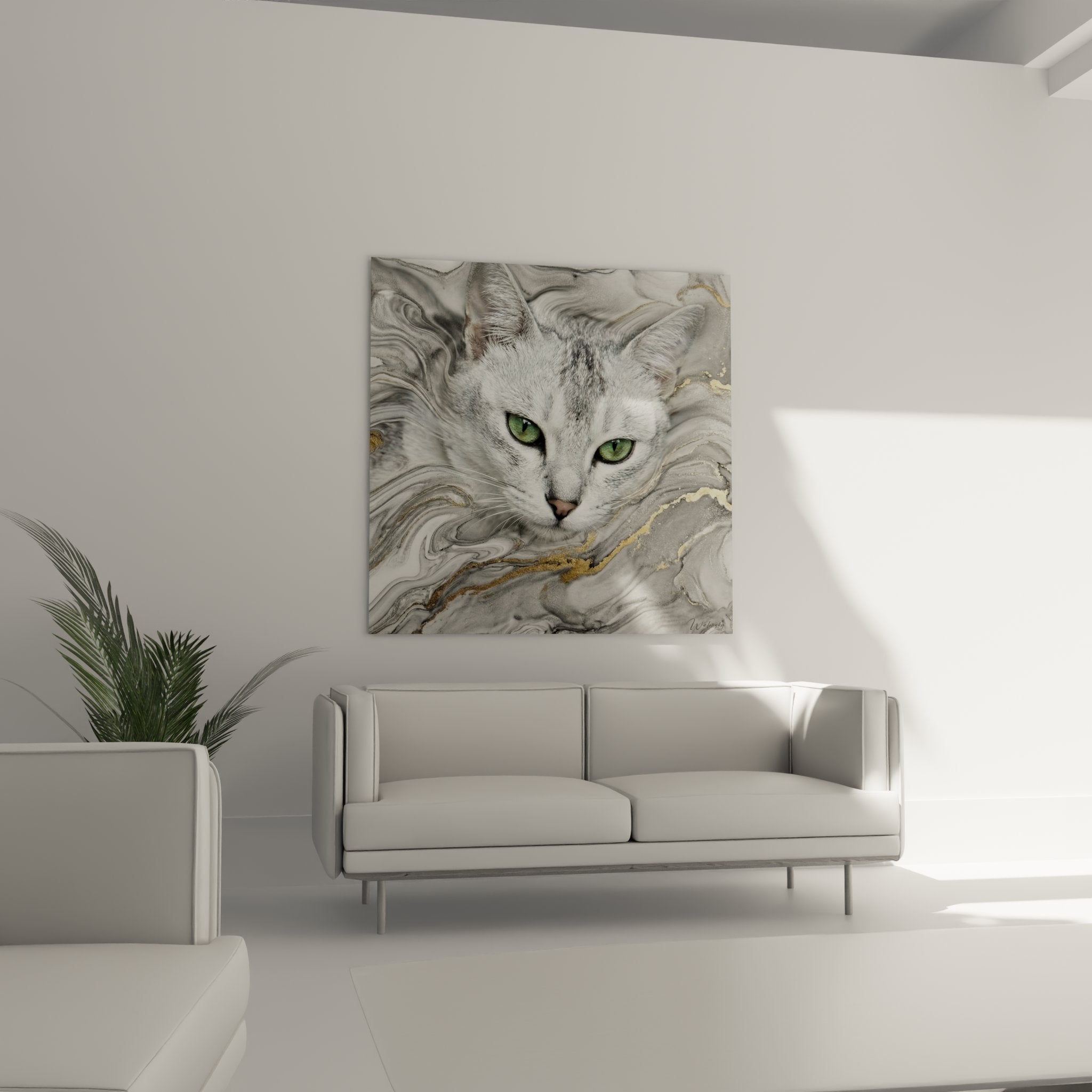 Nahaufnahme des Burmilla-Katzengemäldes, smaragdgrüne Augen und silbernes Fell auf goldenem Marmor
