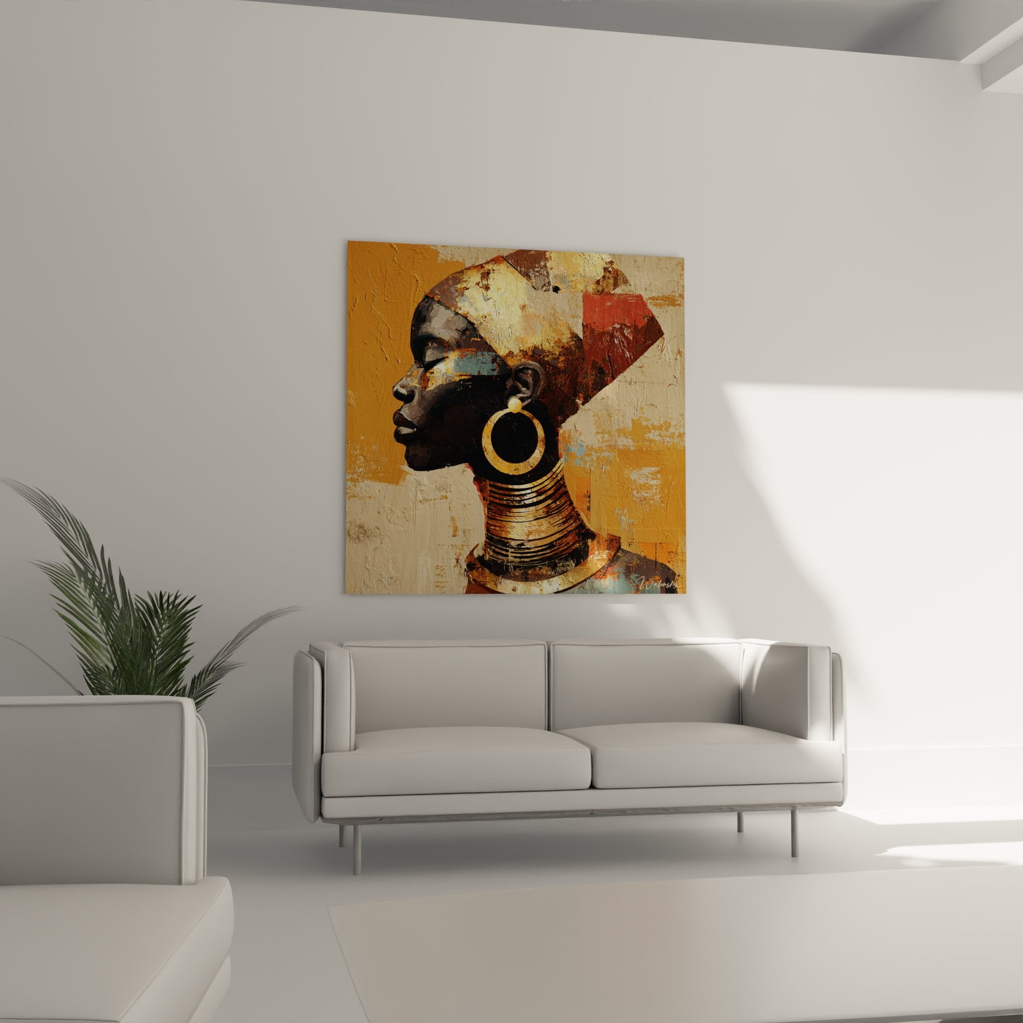 Dettaglio quadro ritratto donna africana gioielli tradizionali dorati texture pittura arte murale contemporanea