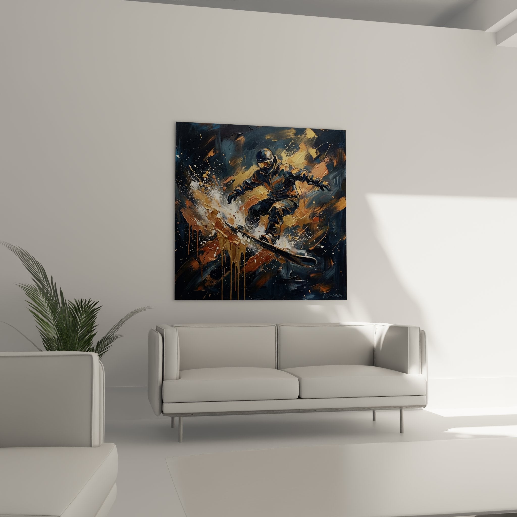 Detail tableau snowboard showing texture peinture eclats dores et techniques picturales dynamiques rider freestyle