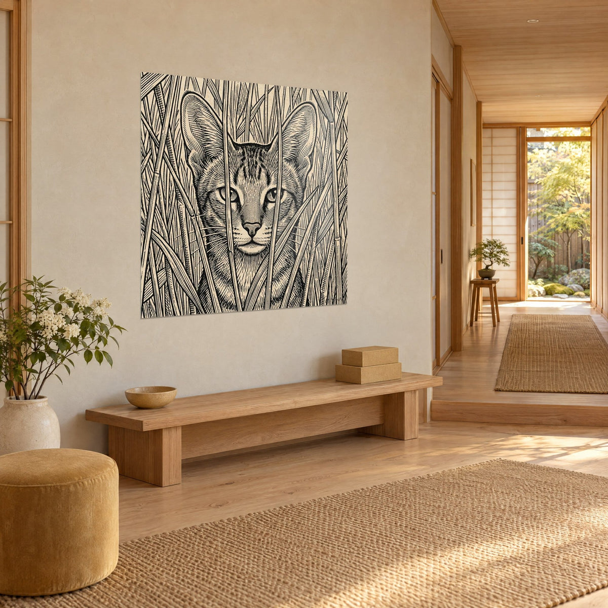 Cuadro felino salvaje de mirada fija, trazos de tinta negra sobre papel arena, tallos de caña, visto de tres cuartos en un pasillo japandi