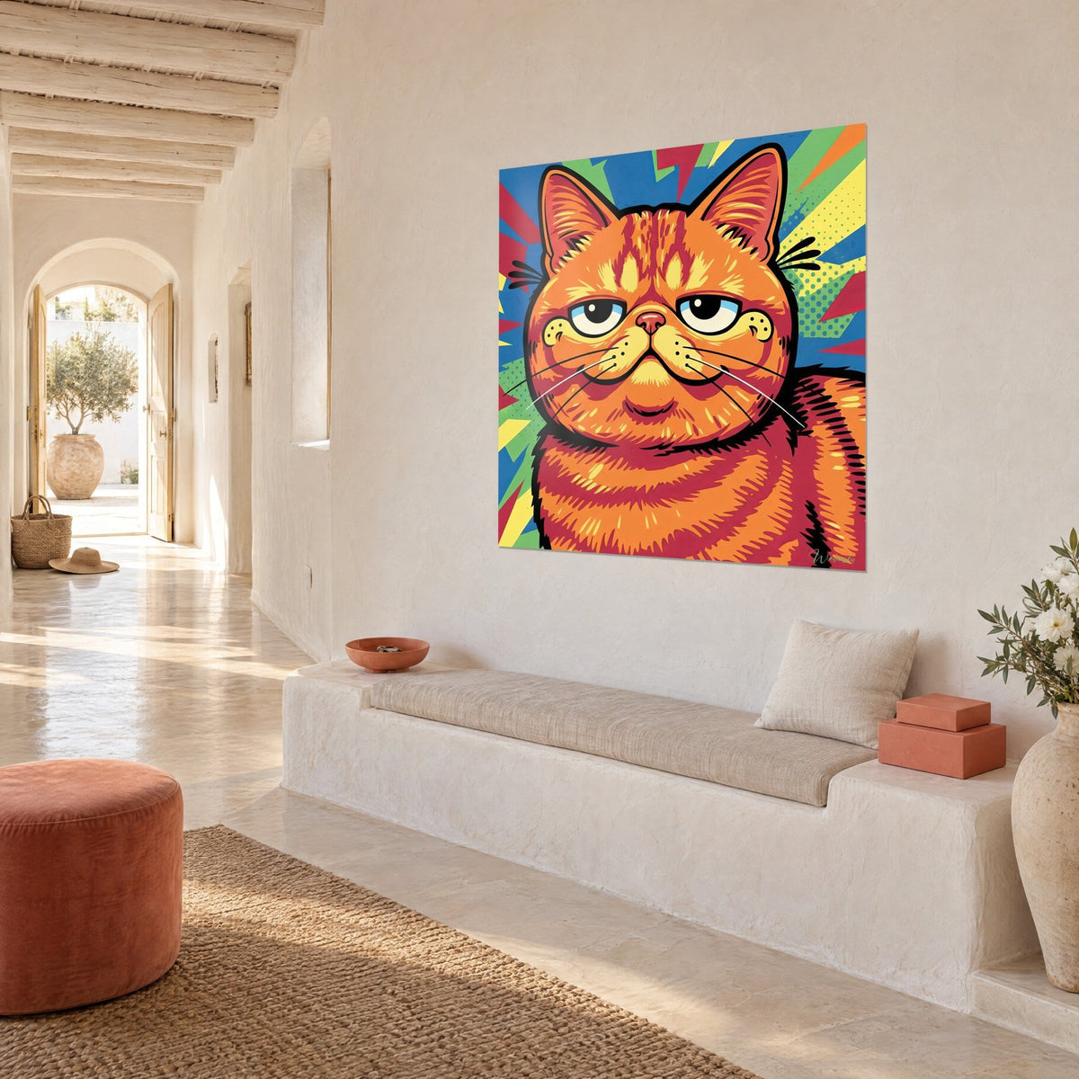 Gemälde orangefarbene Exotic Shorthair mit weißen Schnurrhaaren auf grünem und rotem Hintergrund, cremefarbene Wand, weiße Sitzbank in Schrägansicht