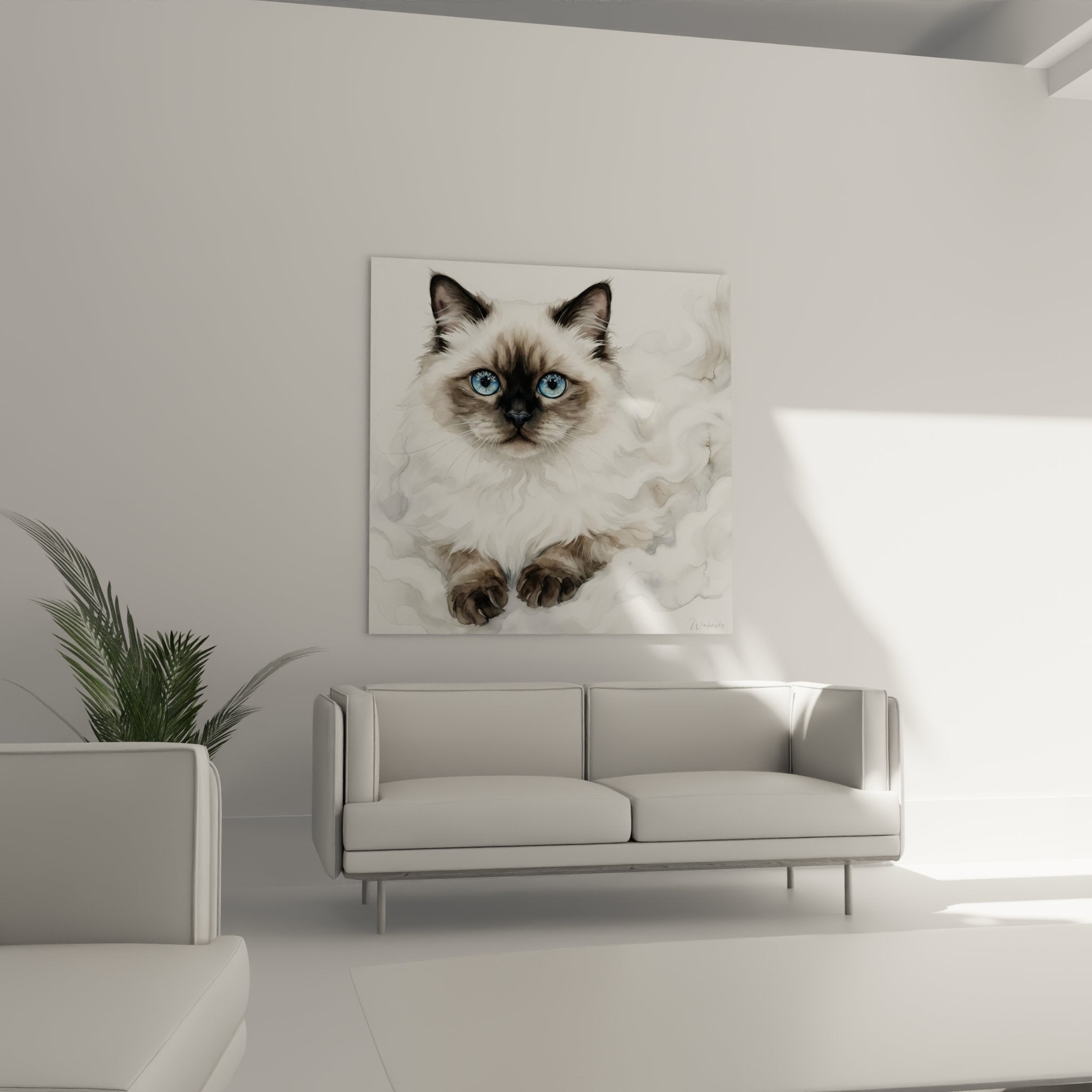 Close-up Himalayan cat wall art, striking blue eyes and silky fur details