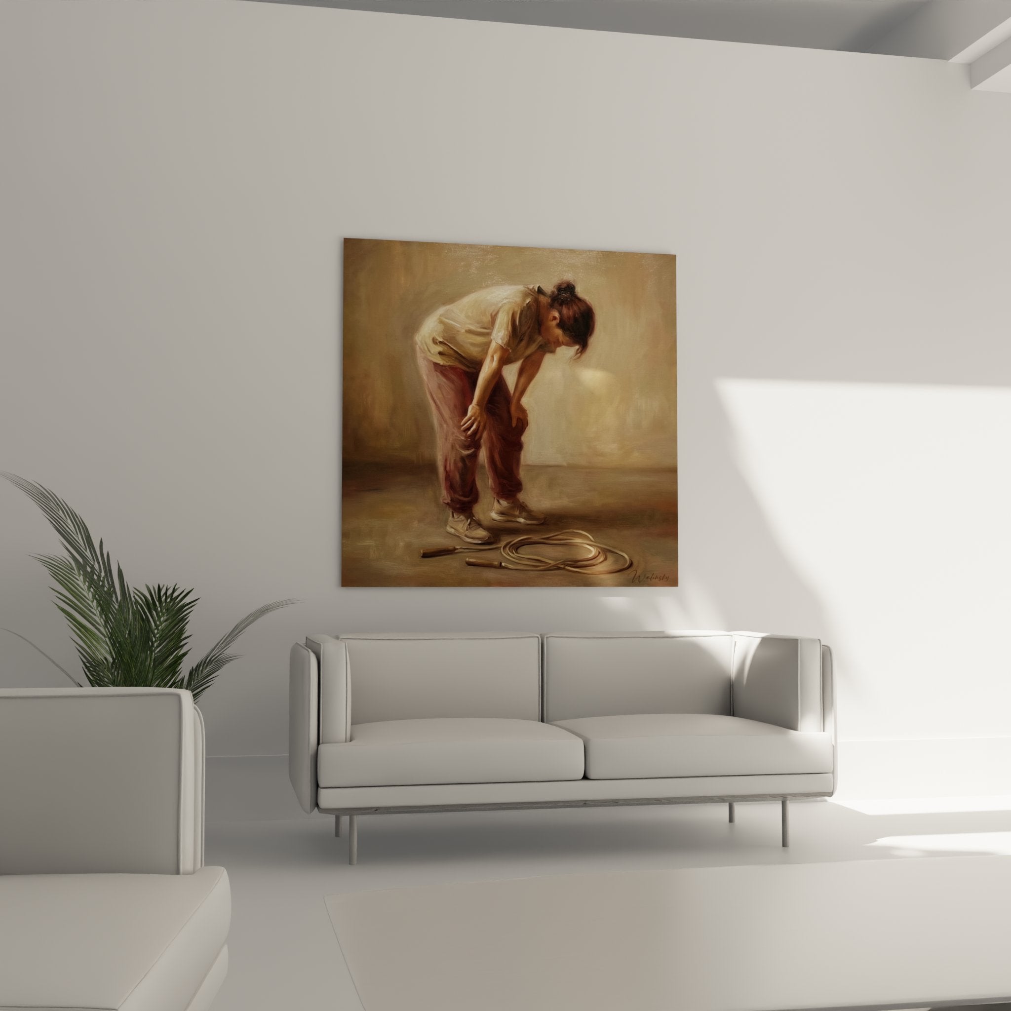 Detail of the painting showing the texture and golden hues of the ballerina artwork