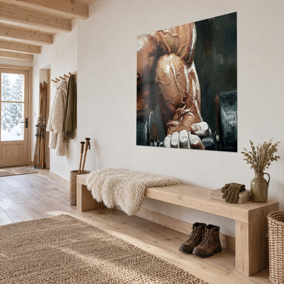 Wall art of a sculpted forearm in thick paint, copper and chalky white tones, hung three-quarter view in a chalet