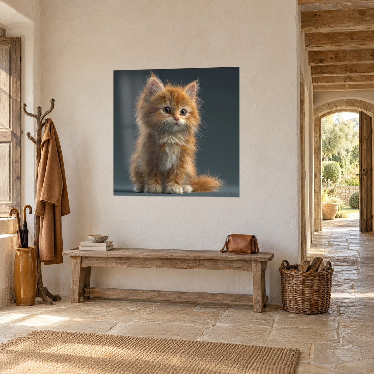 Wall art Sitting orange American Bobtail, cream chest and bushy tail on slate background, stone wall and wooden bench