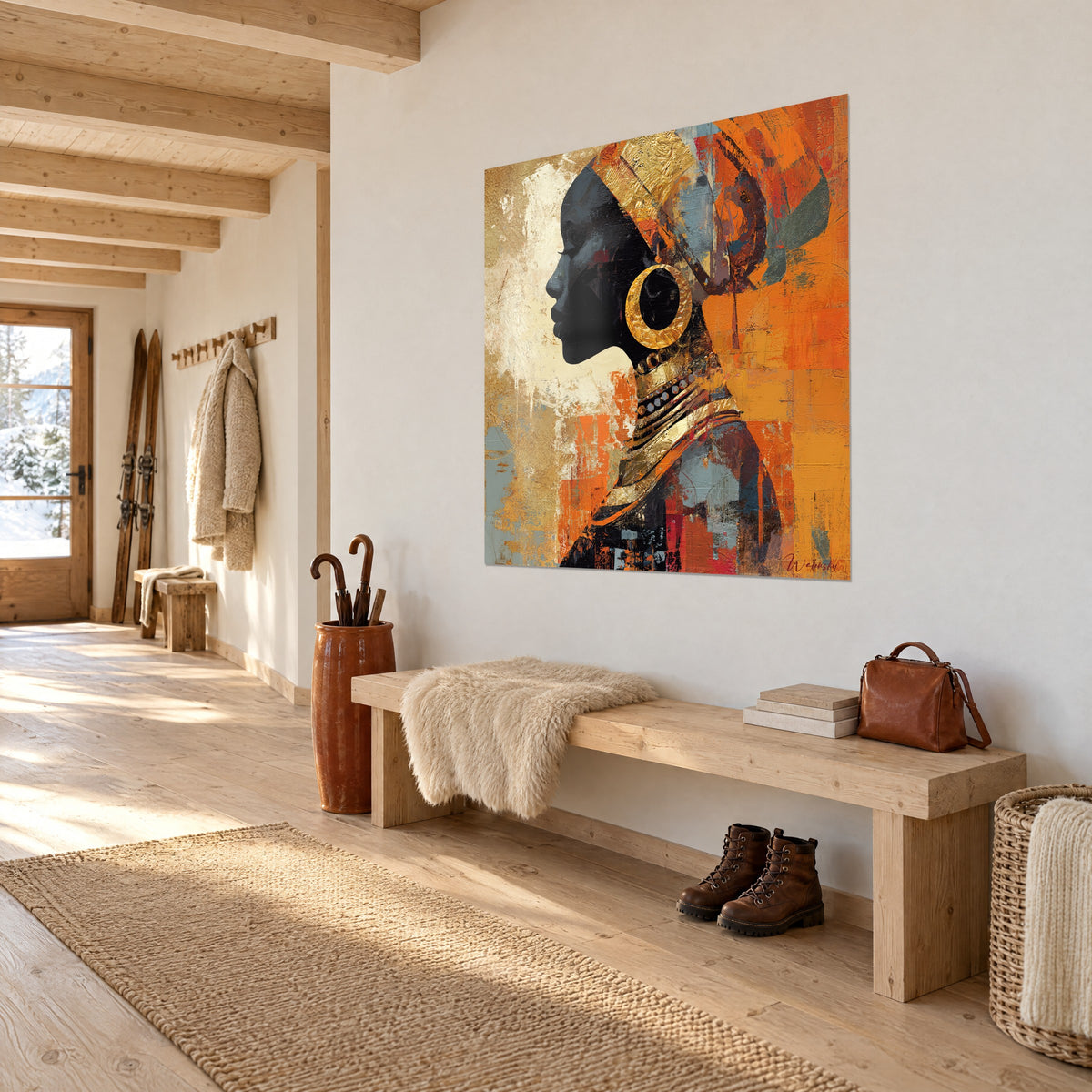 Tableau silhouette noire au collier d'or superposé, fond orange brûlé et crème, vue de trois-quarts sur un mur de chalet clair