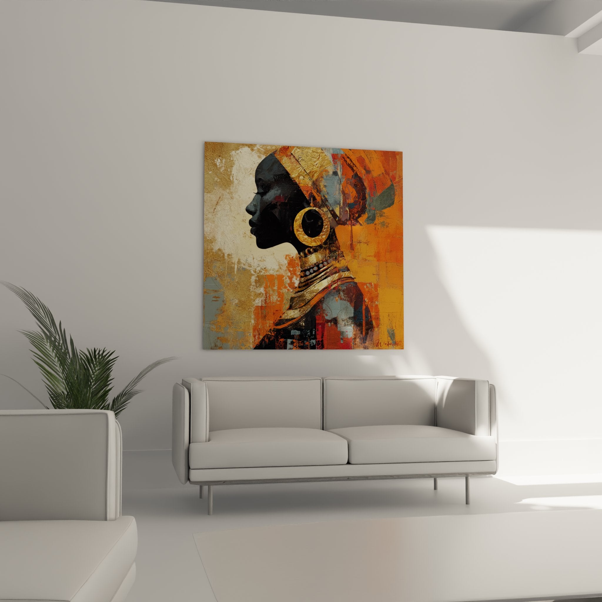 Detailansicht Gemälde afrikanisches Profil traditioneller Schmuck goldene Ohrringe Perlenkette Kunst