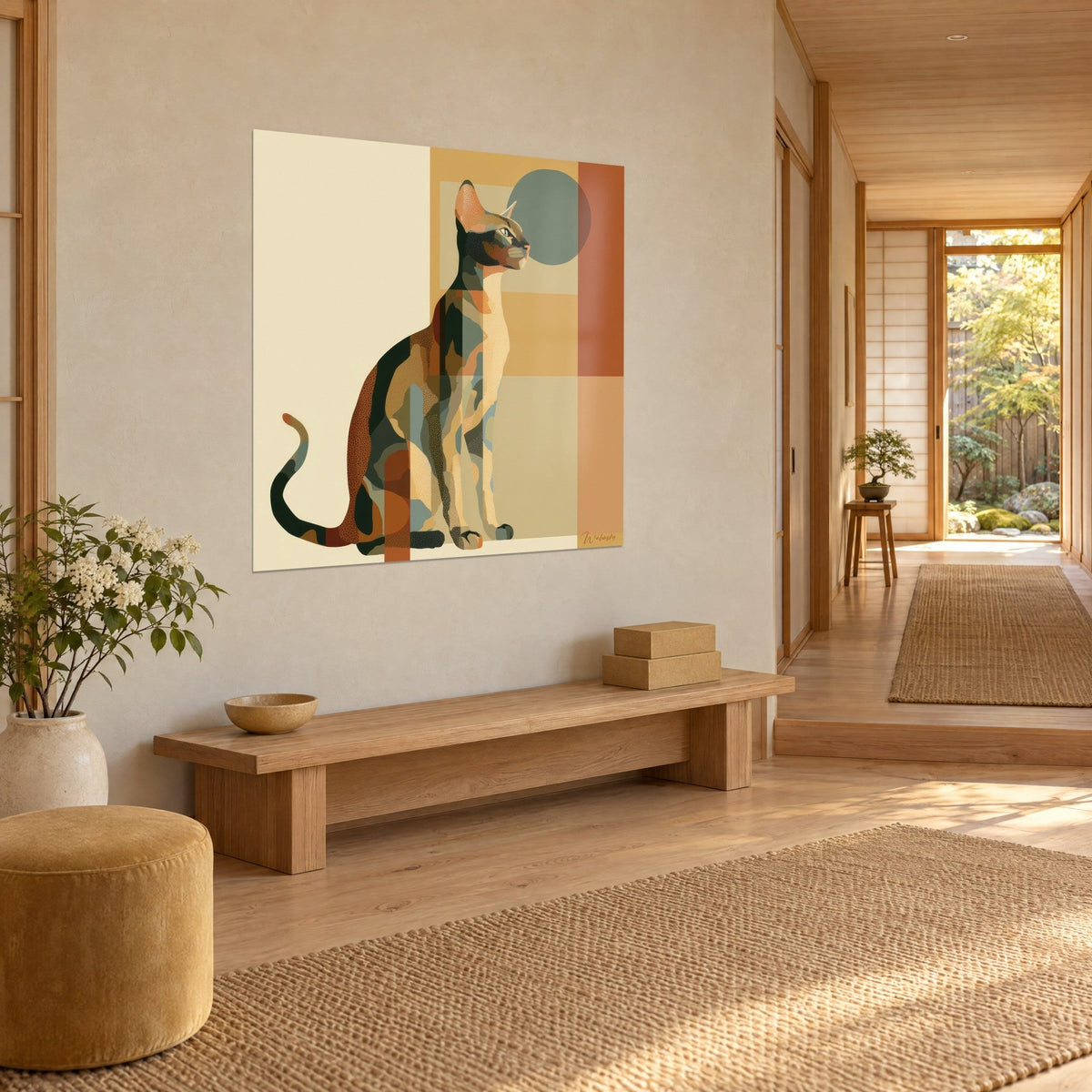 Cuadro de gato sokoke con pelaje en patchwork de marrón rojizo y negro, fondo crema y rectángulos ocre, muro de piedra clara estilo japandi