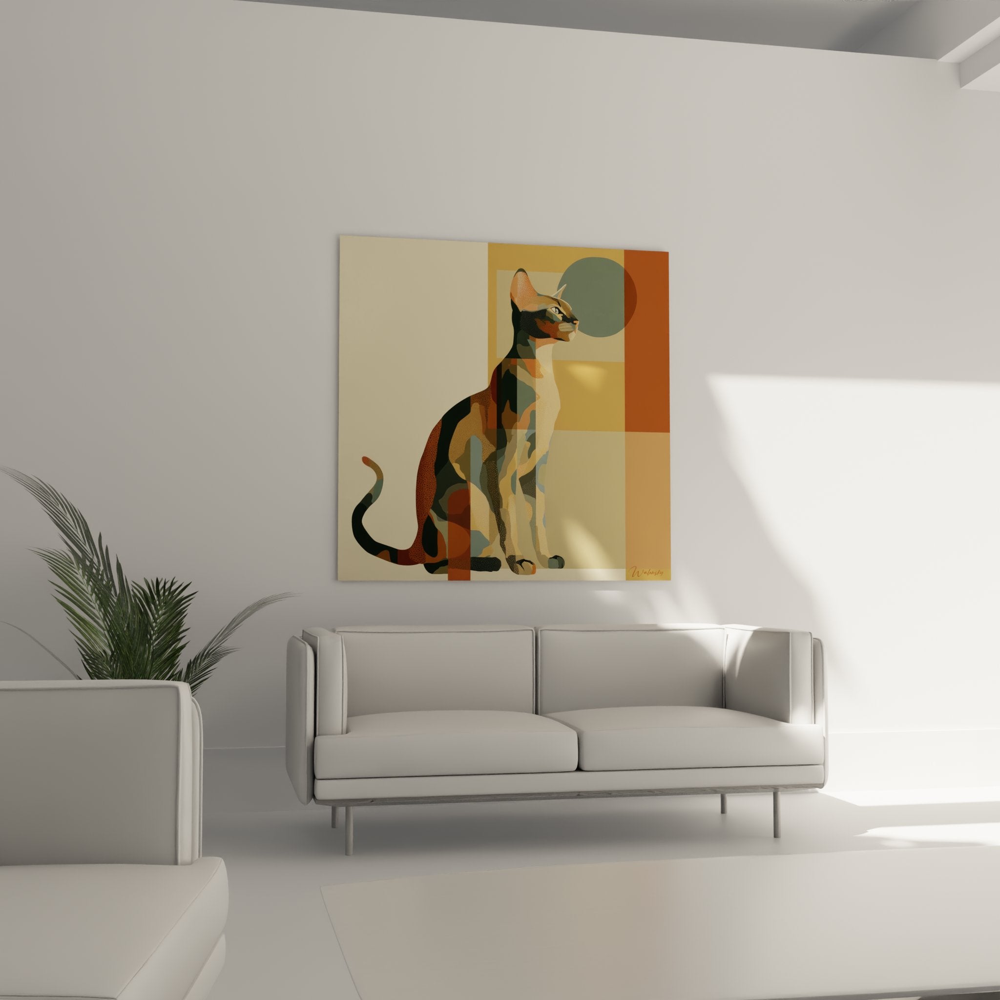 Dettaglio ravvicinato del quadro gatto moderno che mostra le texture geometriche e i motivi artistici